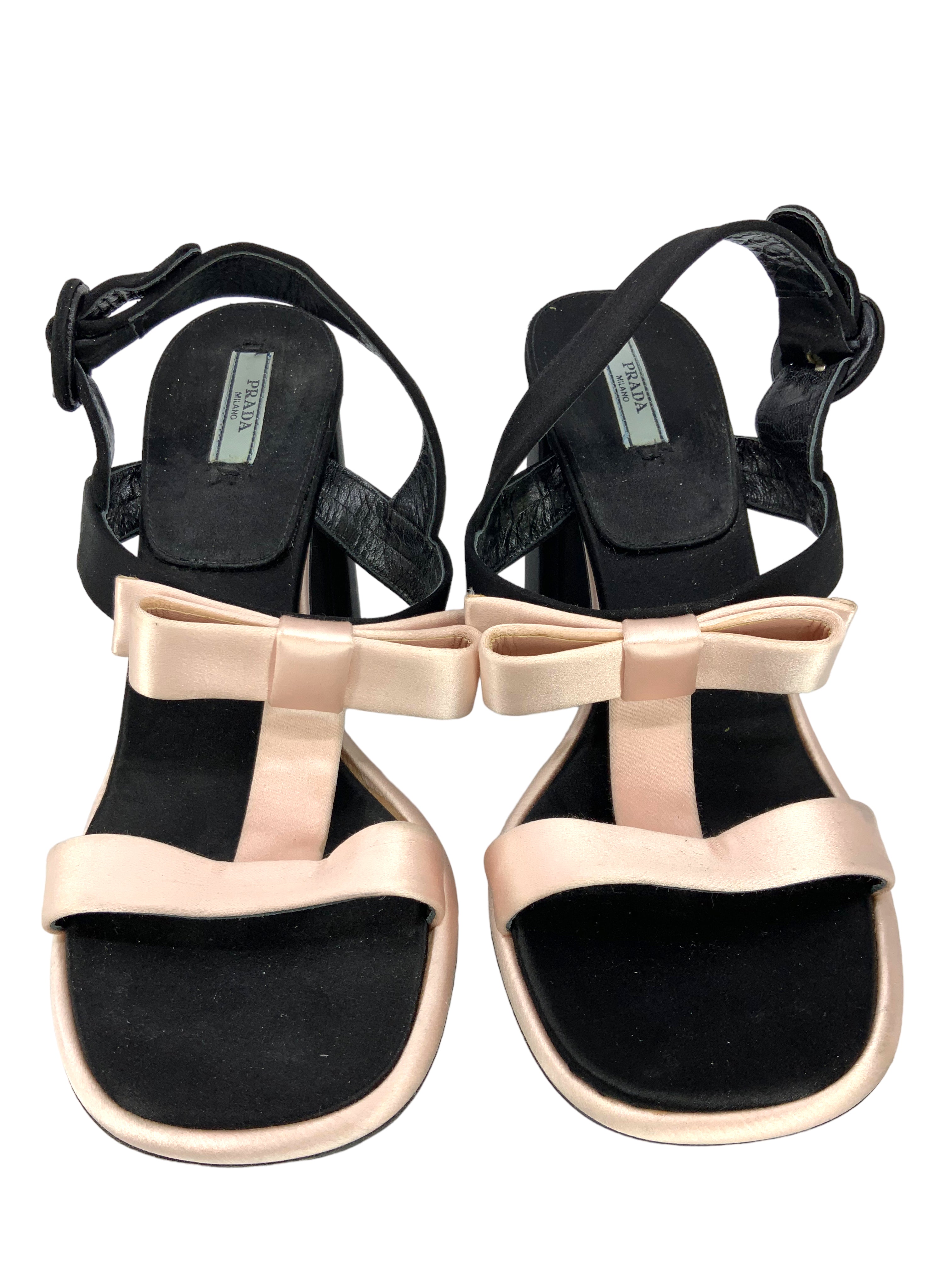 Prada satin bow sandals - T strap, block heel, size 9.