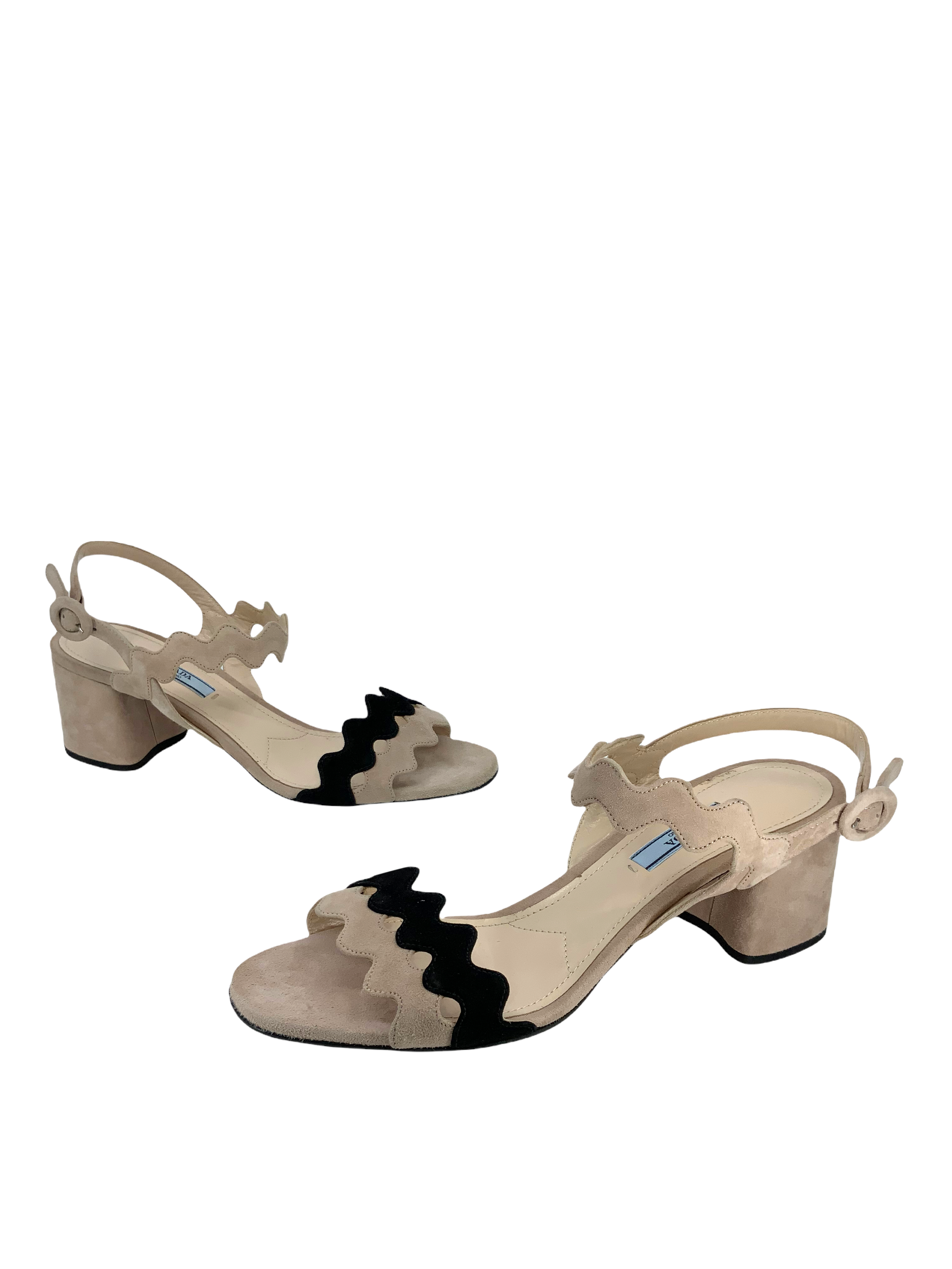 Prada Scalloped Suede Block Heel Sandals - Size 9