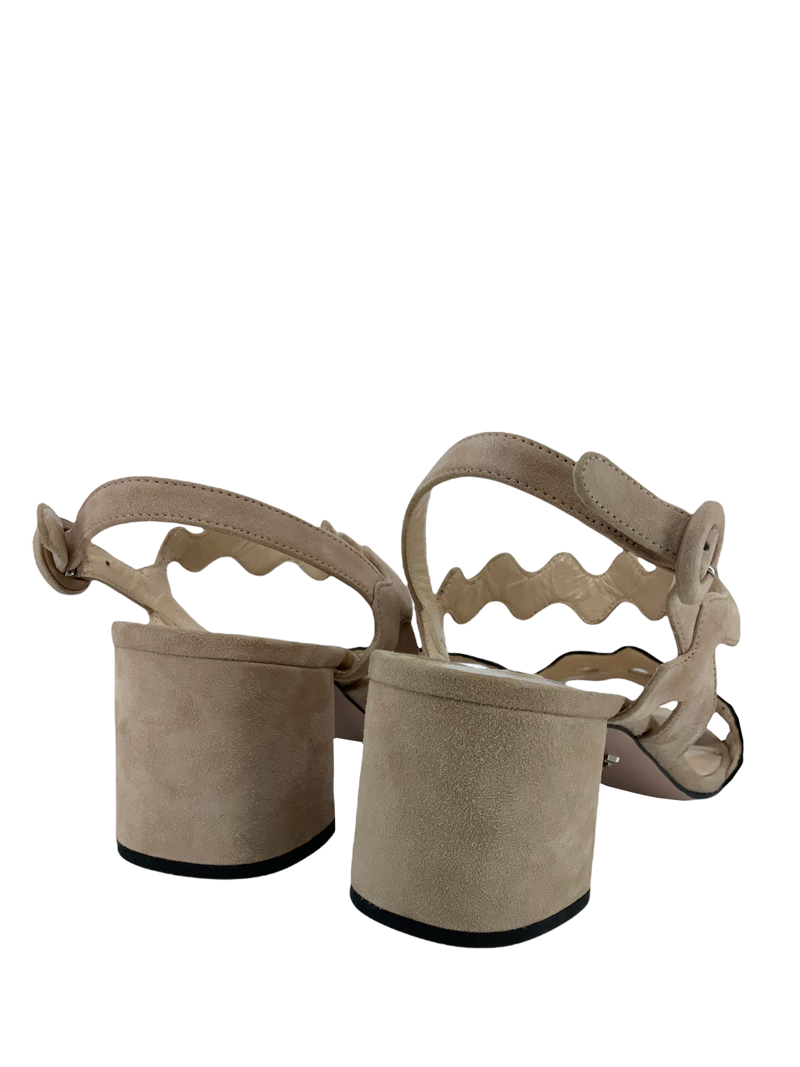 Prada Scalloped Suede Block Heel Sandals - Size 9