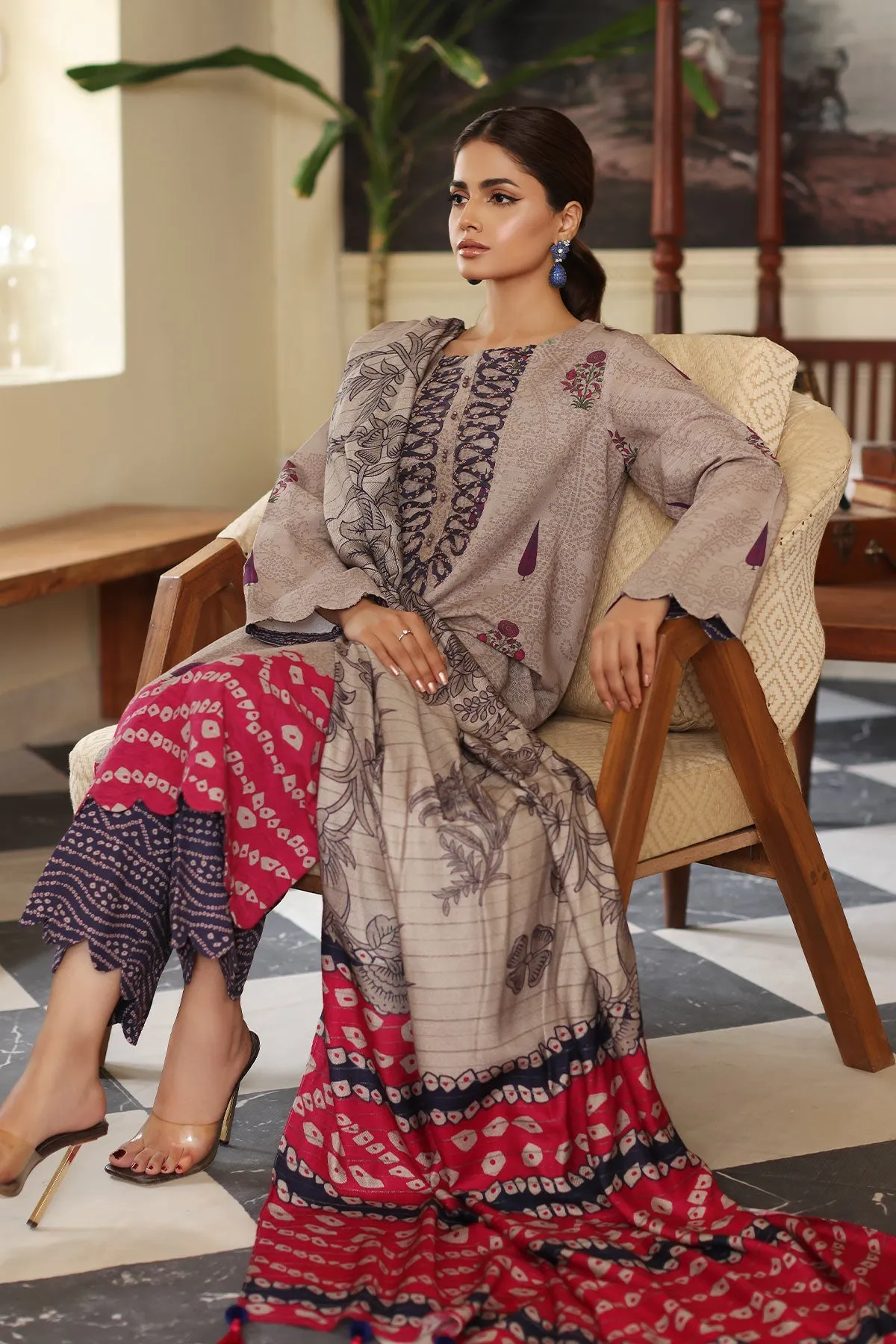 Printed Khaddar Shirt with Woolen Shwal - 3-Piece Set | CVW3-02