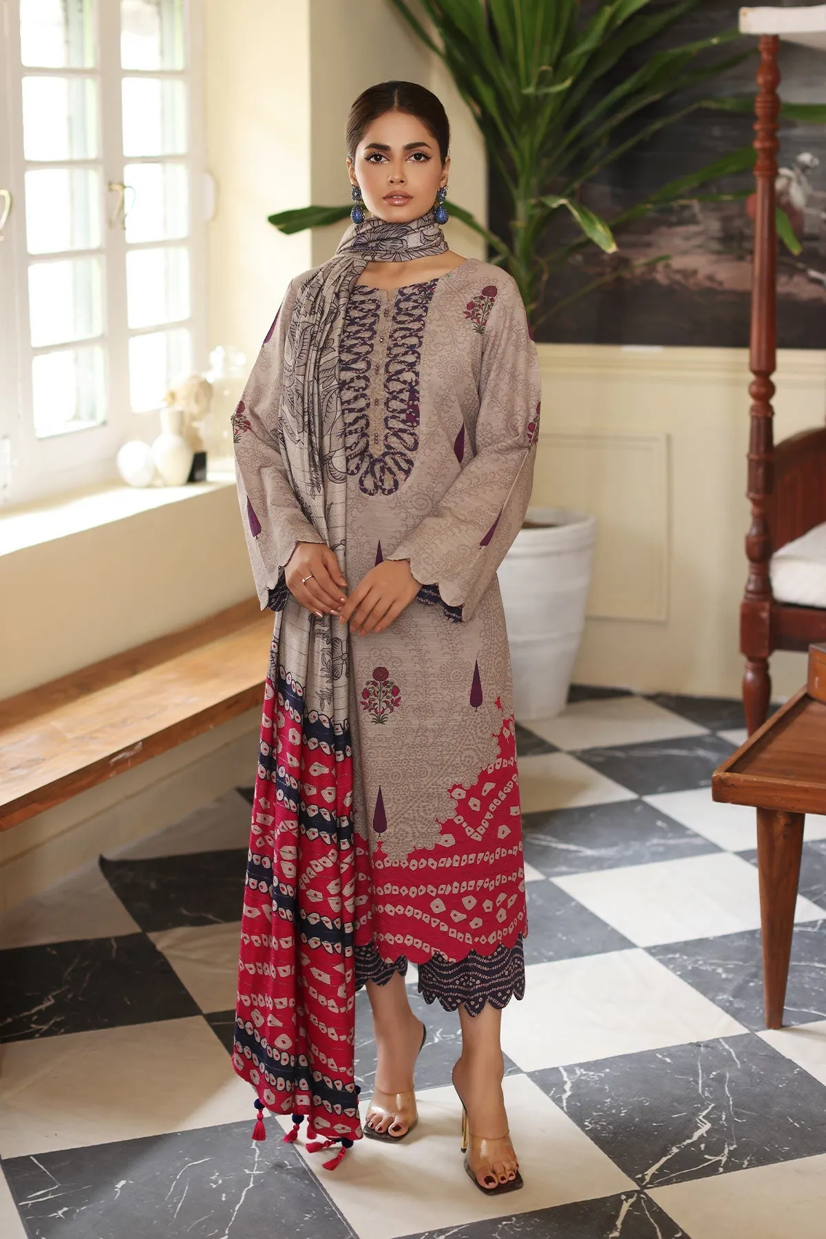 Printed Khaddar Shirt with Woolen Shwal - 3-Piece Set | CVW3-02