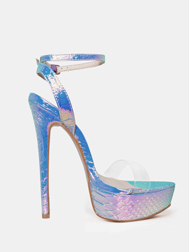 Rainbow Mermaid Snake Print Platform Heels with Ankle Buckle Strap