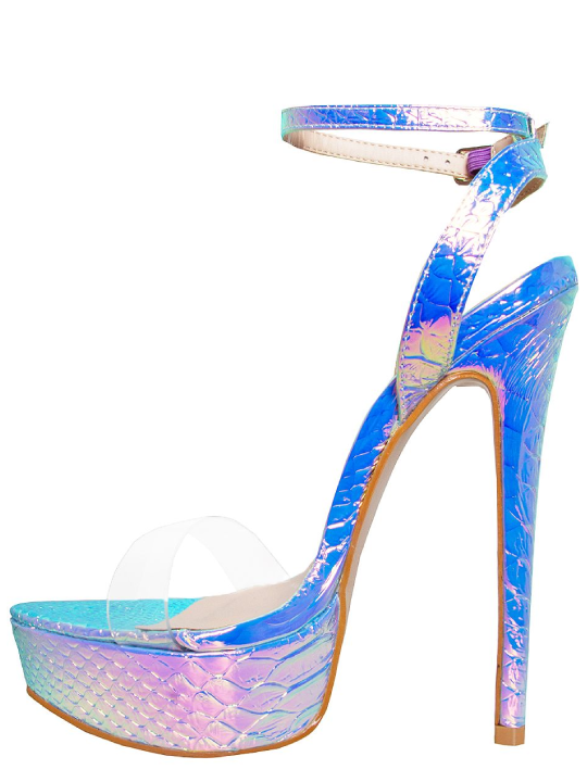 Rainbow Mermaid Snake Print Platform Heels with Ankle Buckle Strap