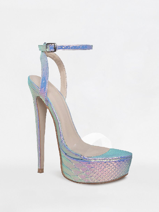 Rainbow Mermaid Snake Print Platform Heels with Ankle Buckle Strap