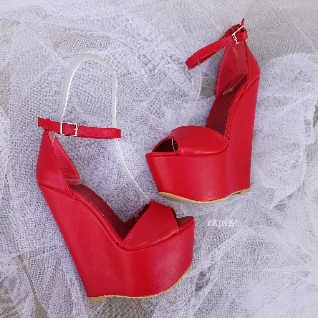 Red Ankle Strap Wedge Sandals – 16 cm Heel