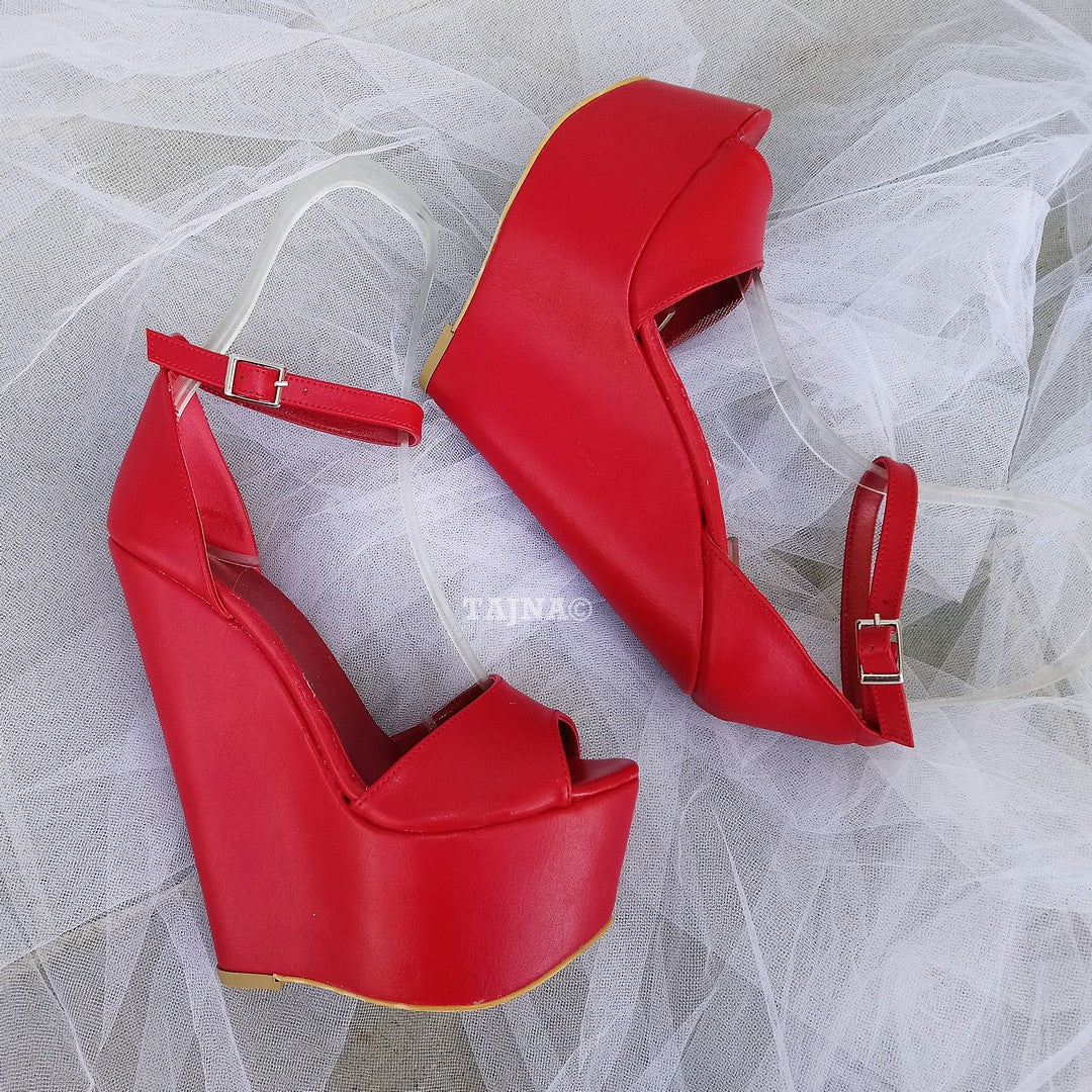 Red Ankle Strap Wedge Sandals – 16 cm Heel