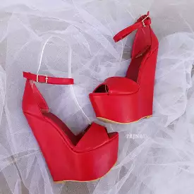 Red Ankle Strap Wedge Sandals – 16 cm Heel