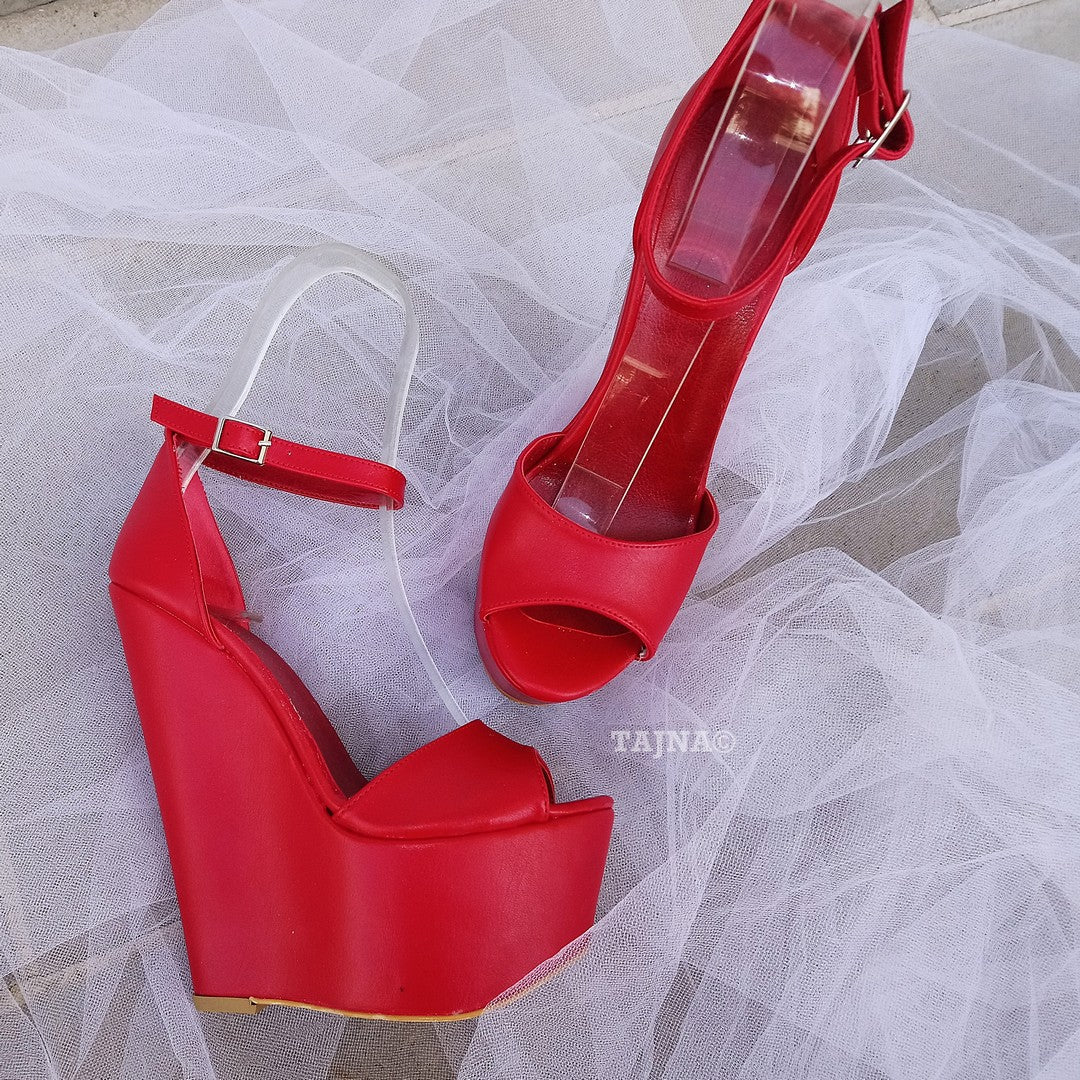 Red Ankle Strap Wedge Sandals – 16 cm Heel