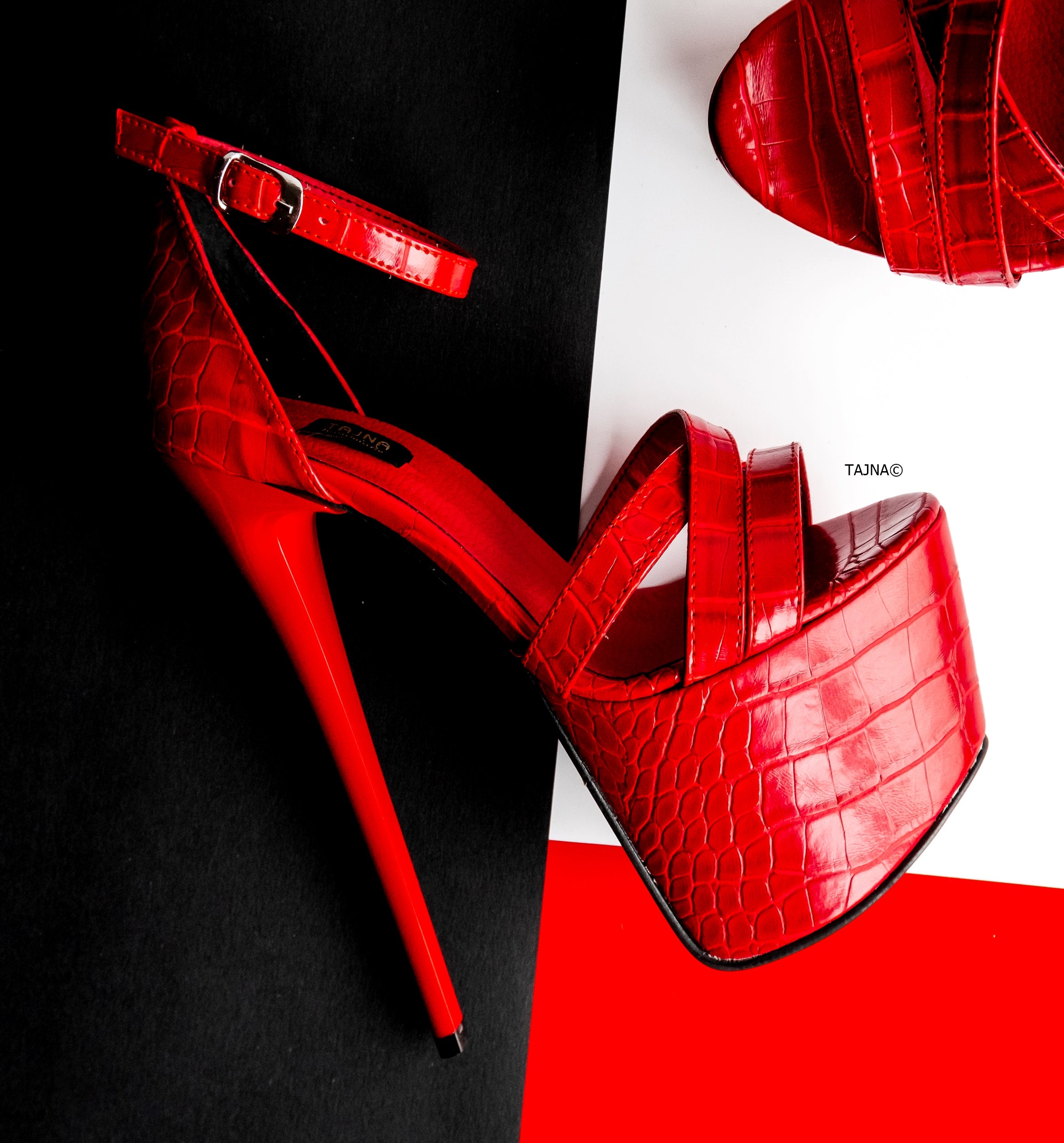 Red Croco Cross Strap Heels