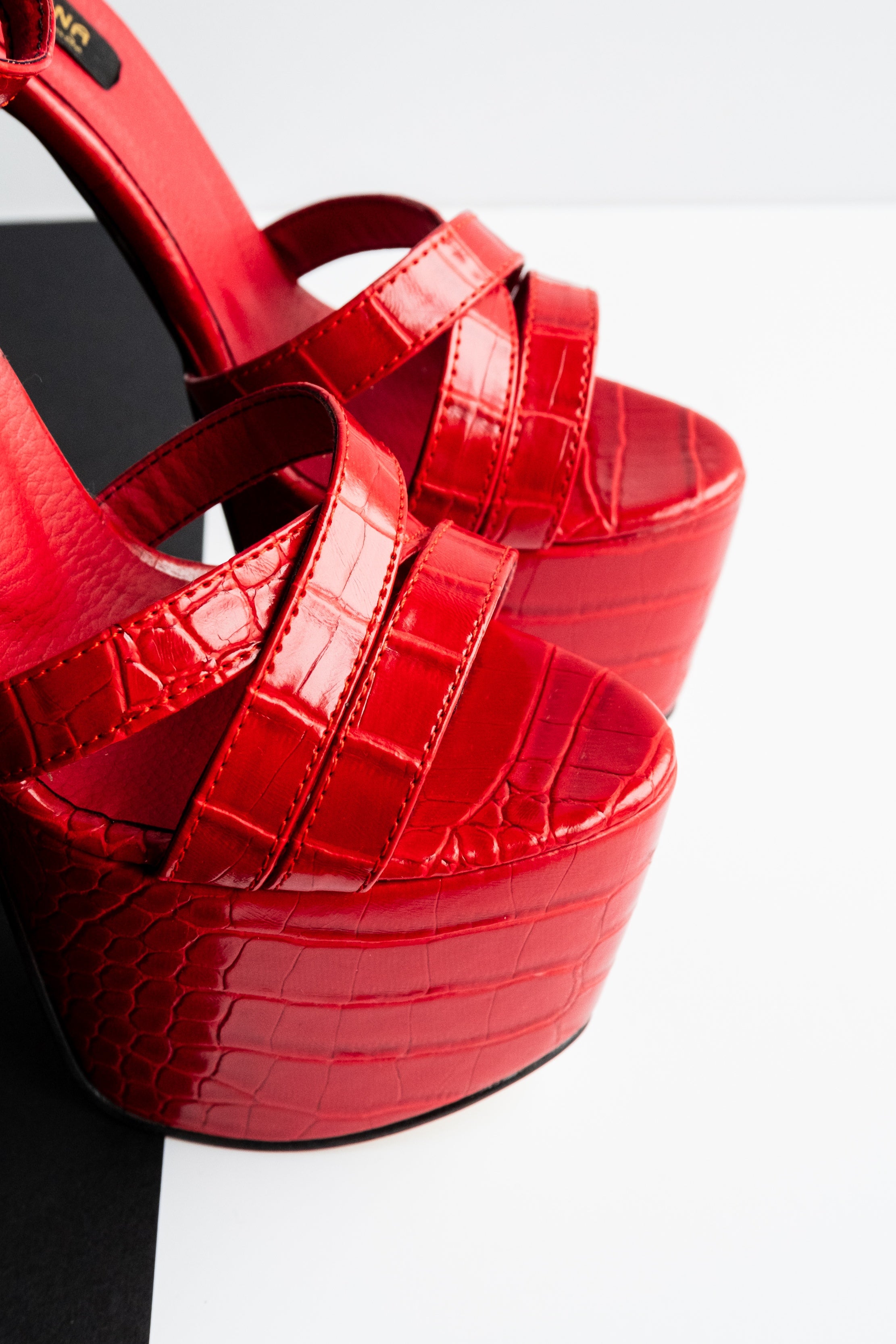 Red Croco Cross Strap Heels