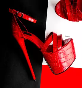 Red Croco Cross Strap Heels