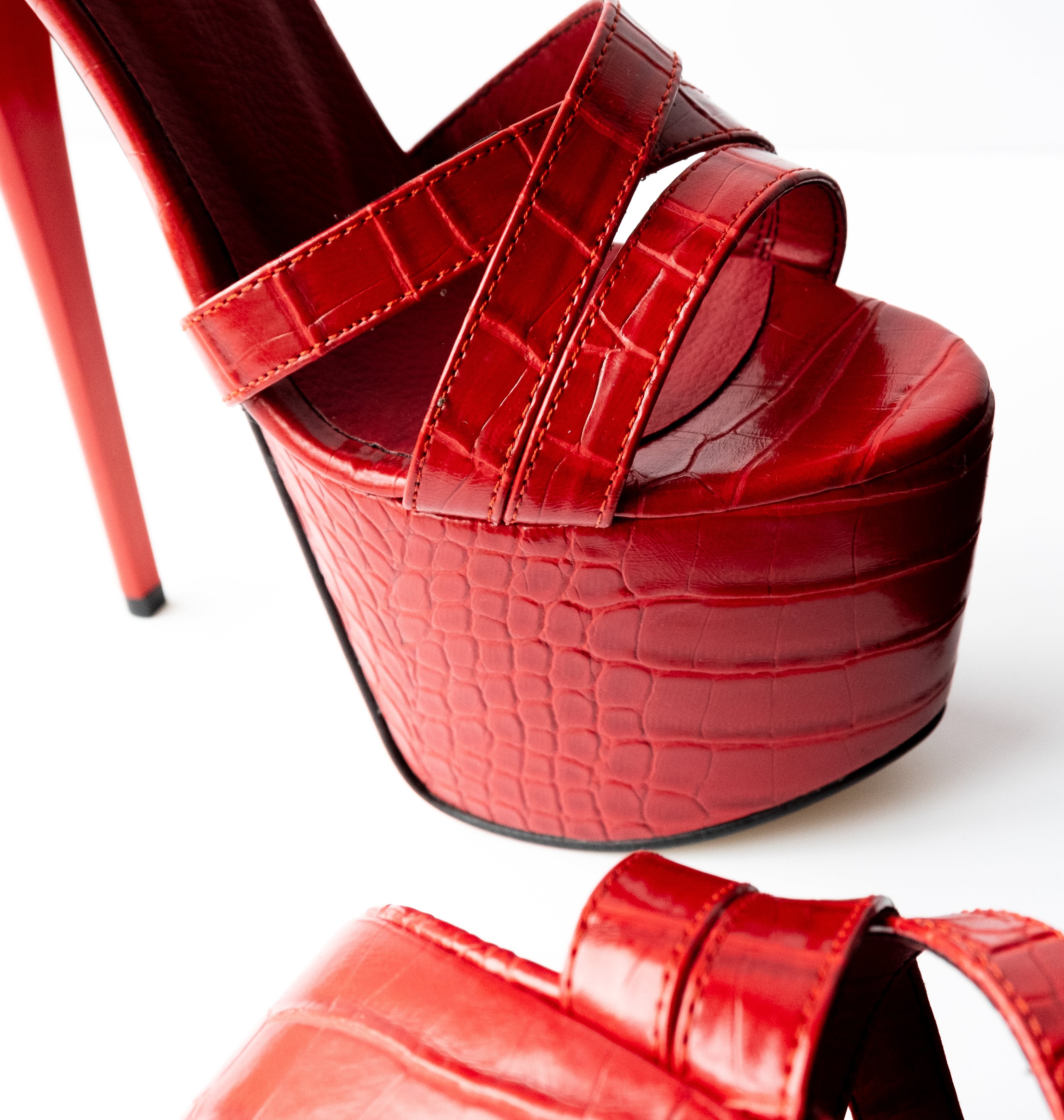 Red Croco Cross Strap Heels