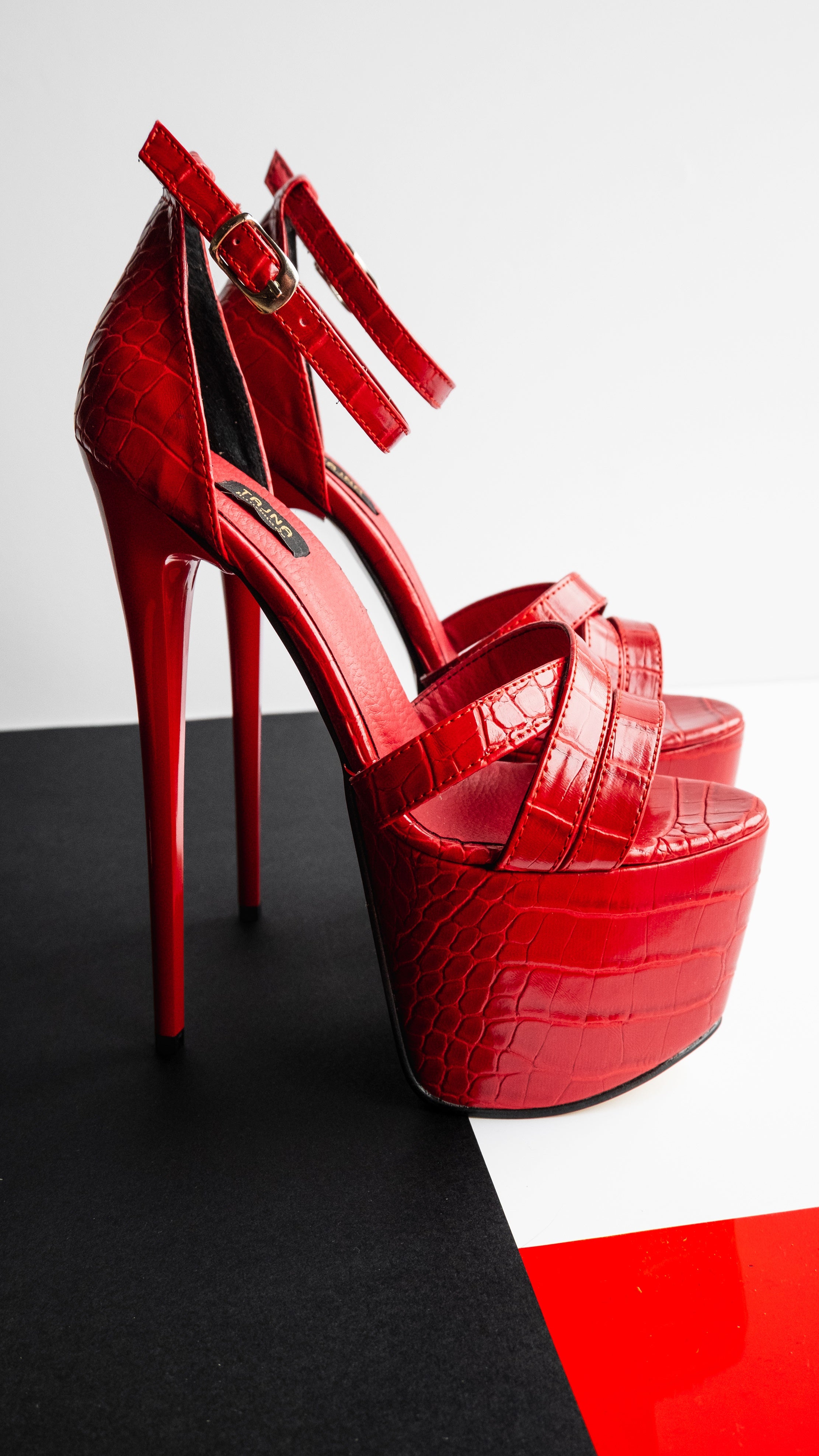 Red Croco Cross Strap Heels