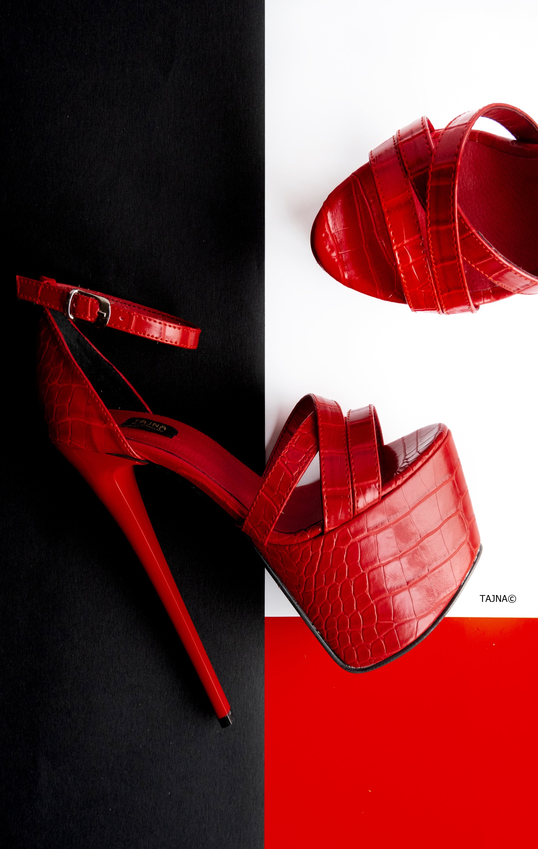 Red Croco Cross Strap Heels