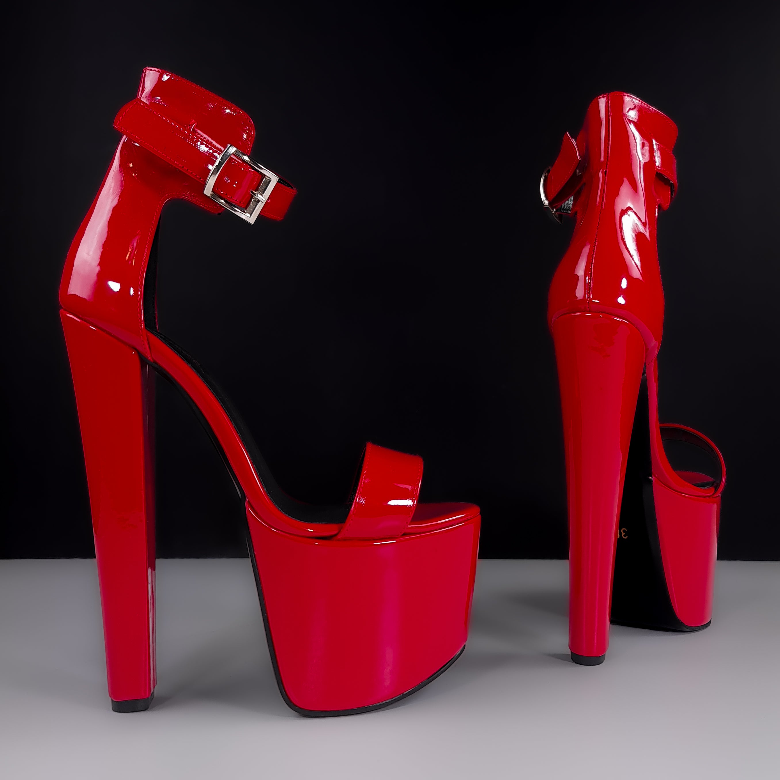 Red Gloss Chunky High Heel Ankle-Strap Sandals | Buy Now