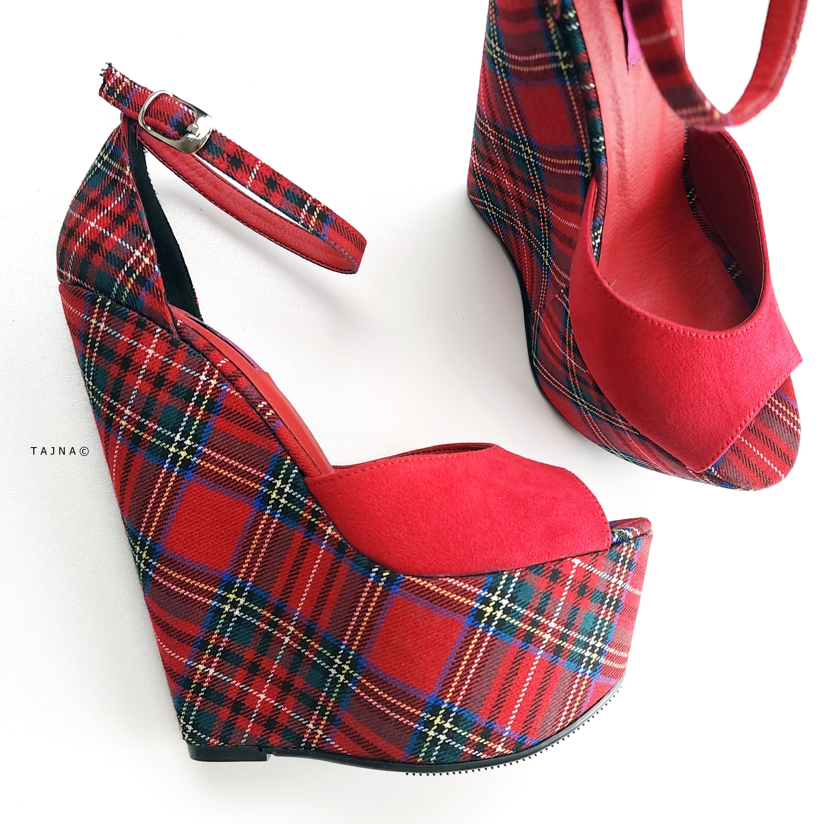 Red Suede Wedge Sandals with Ankle Strap