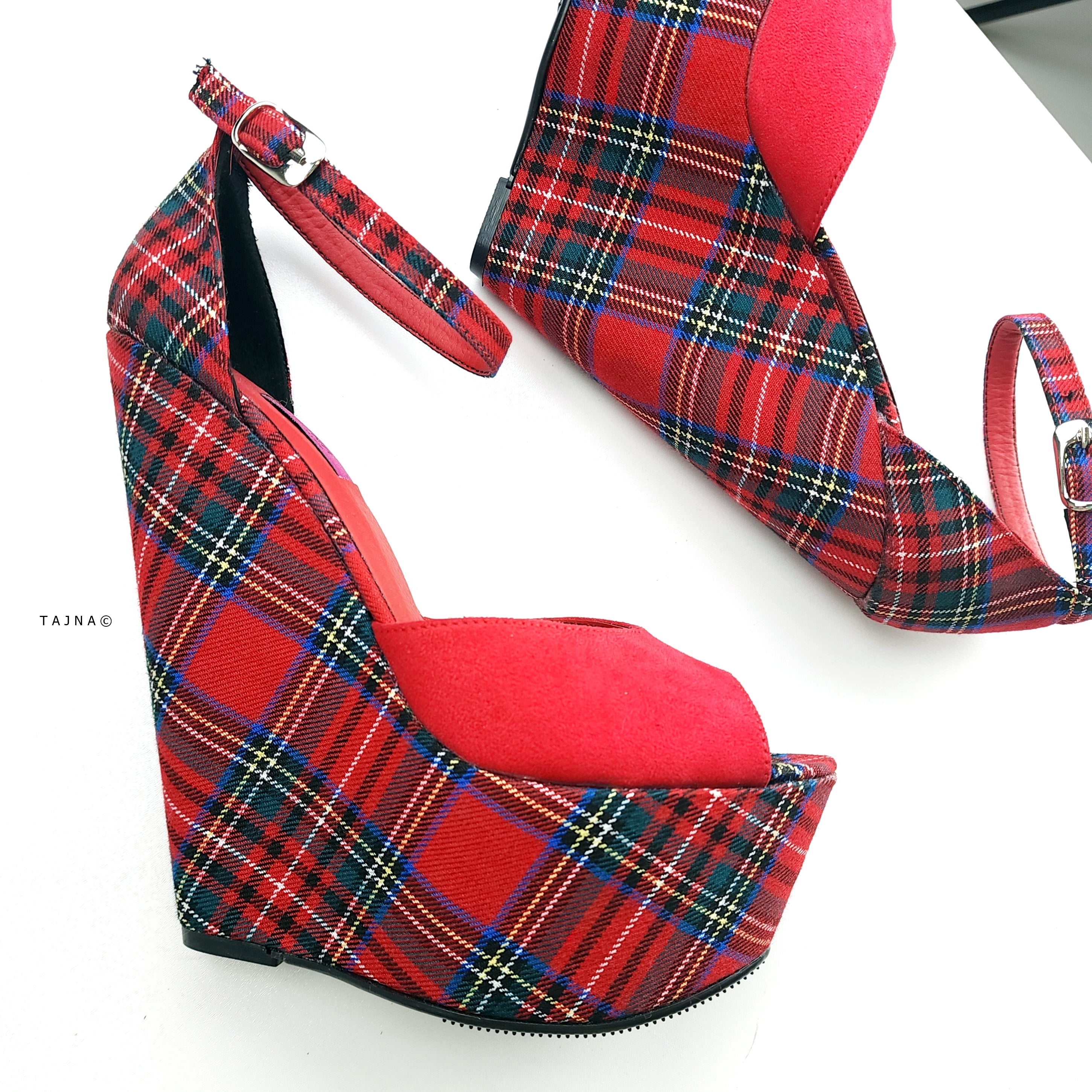 Red Suede Wedge Sandals with Ankle Strap