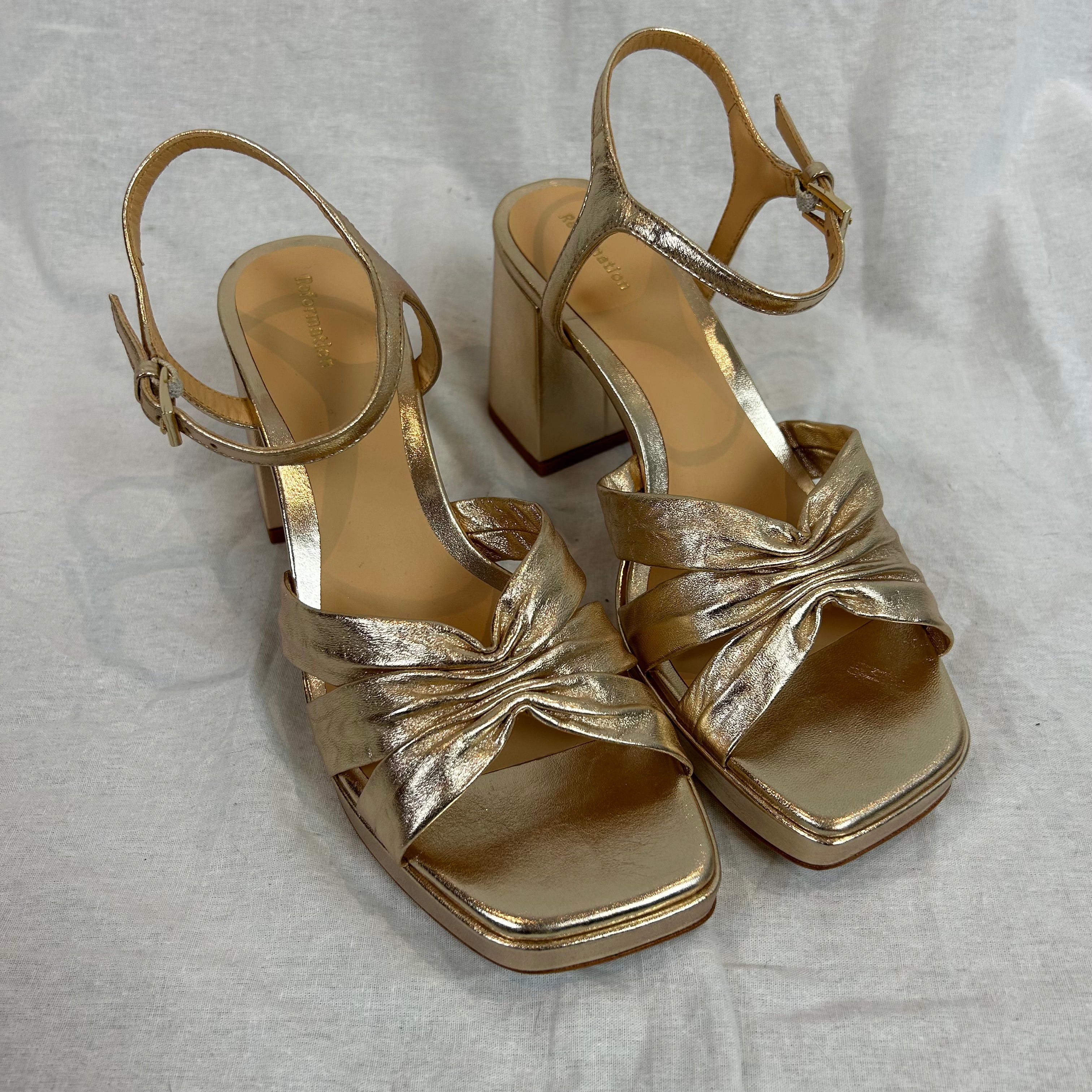 Reformation Gold Leather Block Heel Sandals Size 37.5