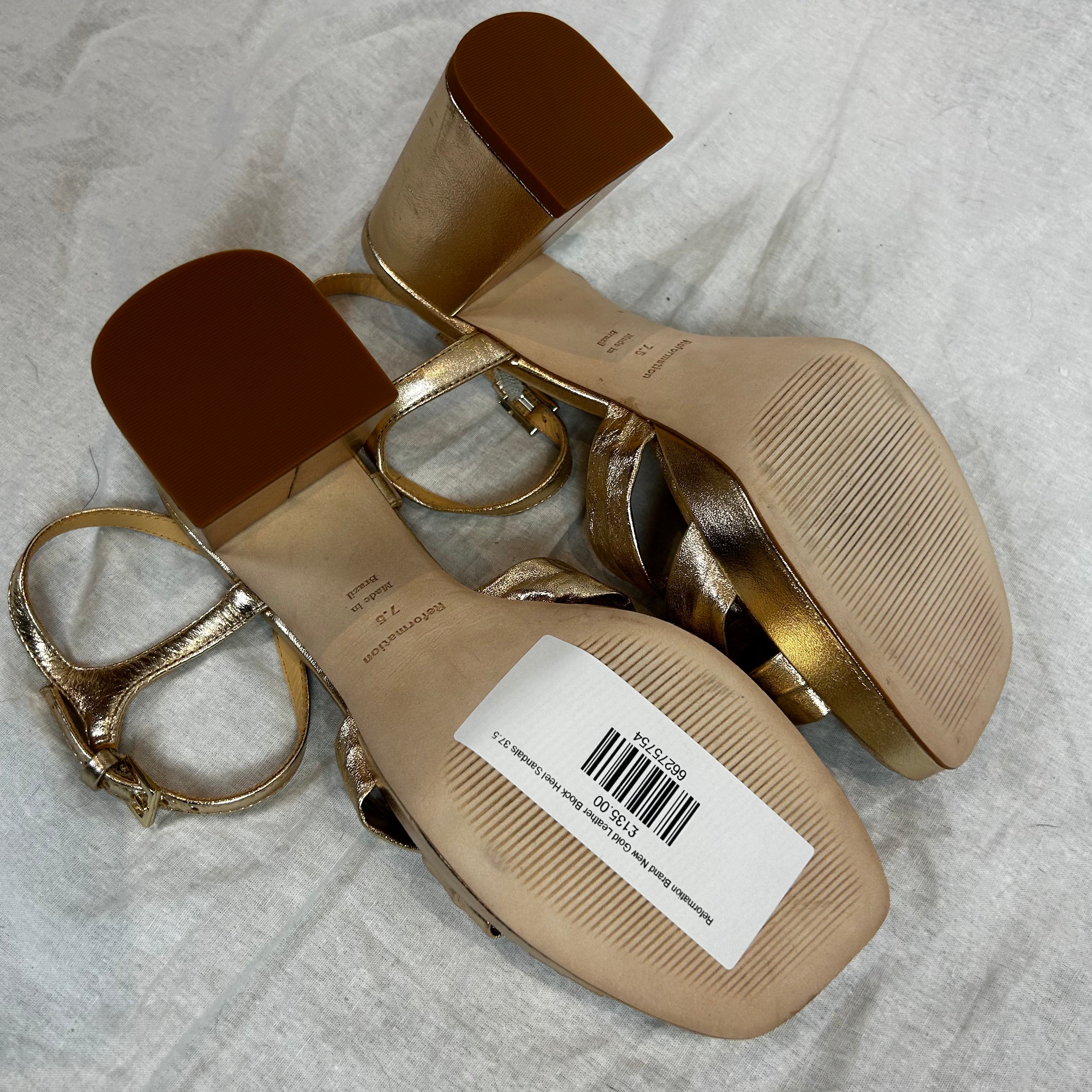 Reformation Gold Leather Block Heel Sandals Size 37.5