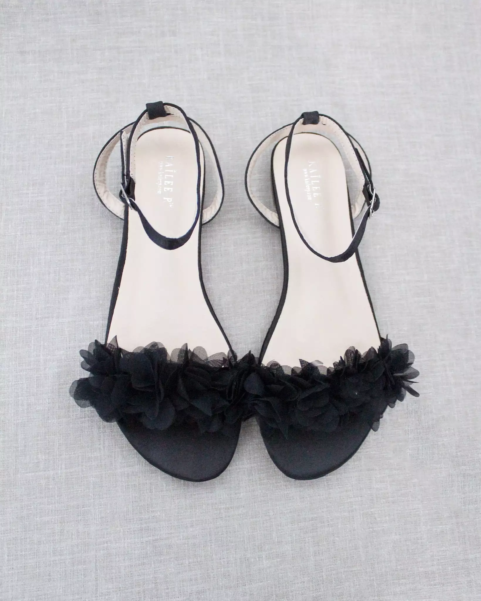 Result: Black Flat Sandal with Chiffon Flowers and Ankle Strap