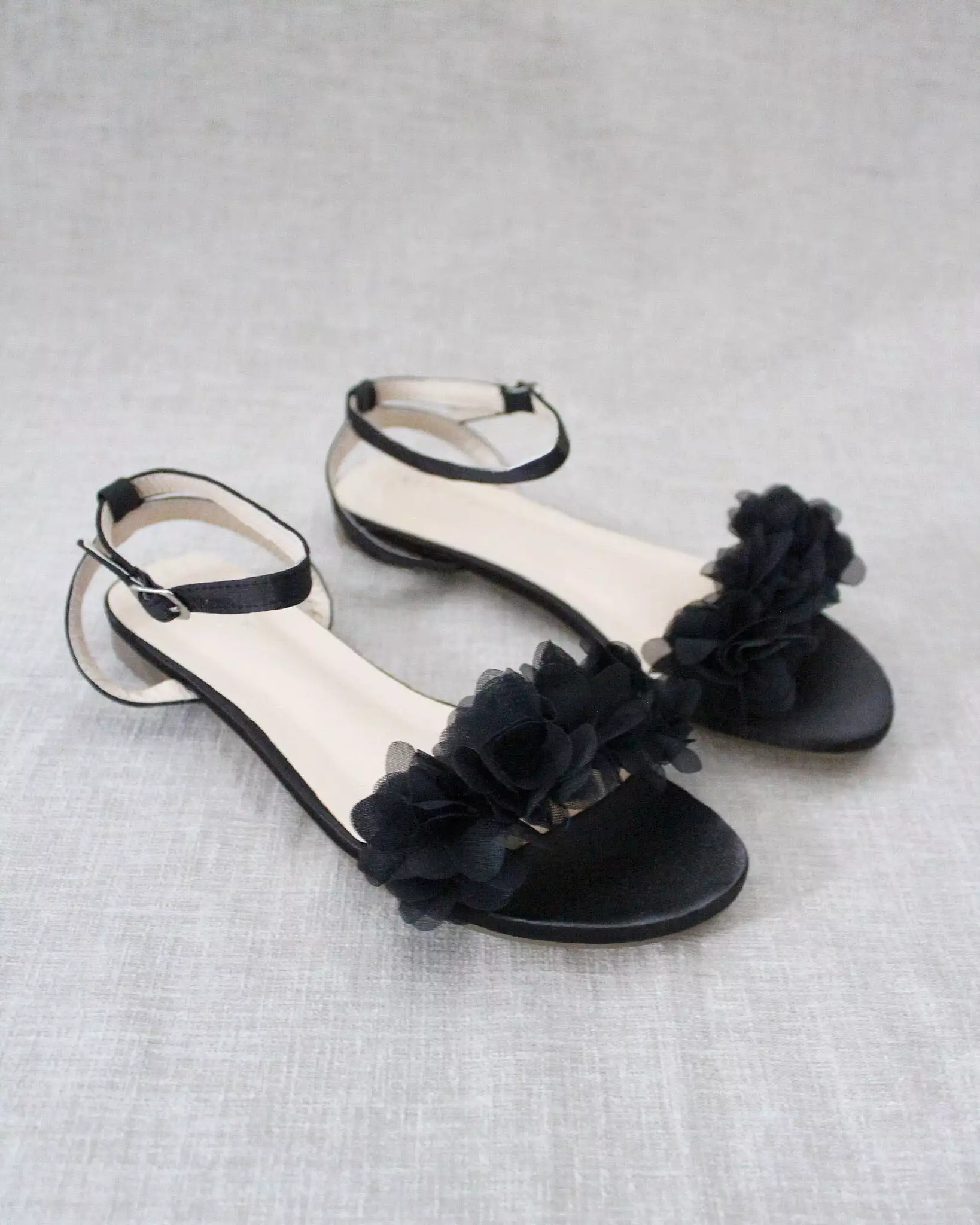 Result: Black Flat Sandal with Chiffon Flowers and Ankle Strap