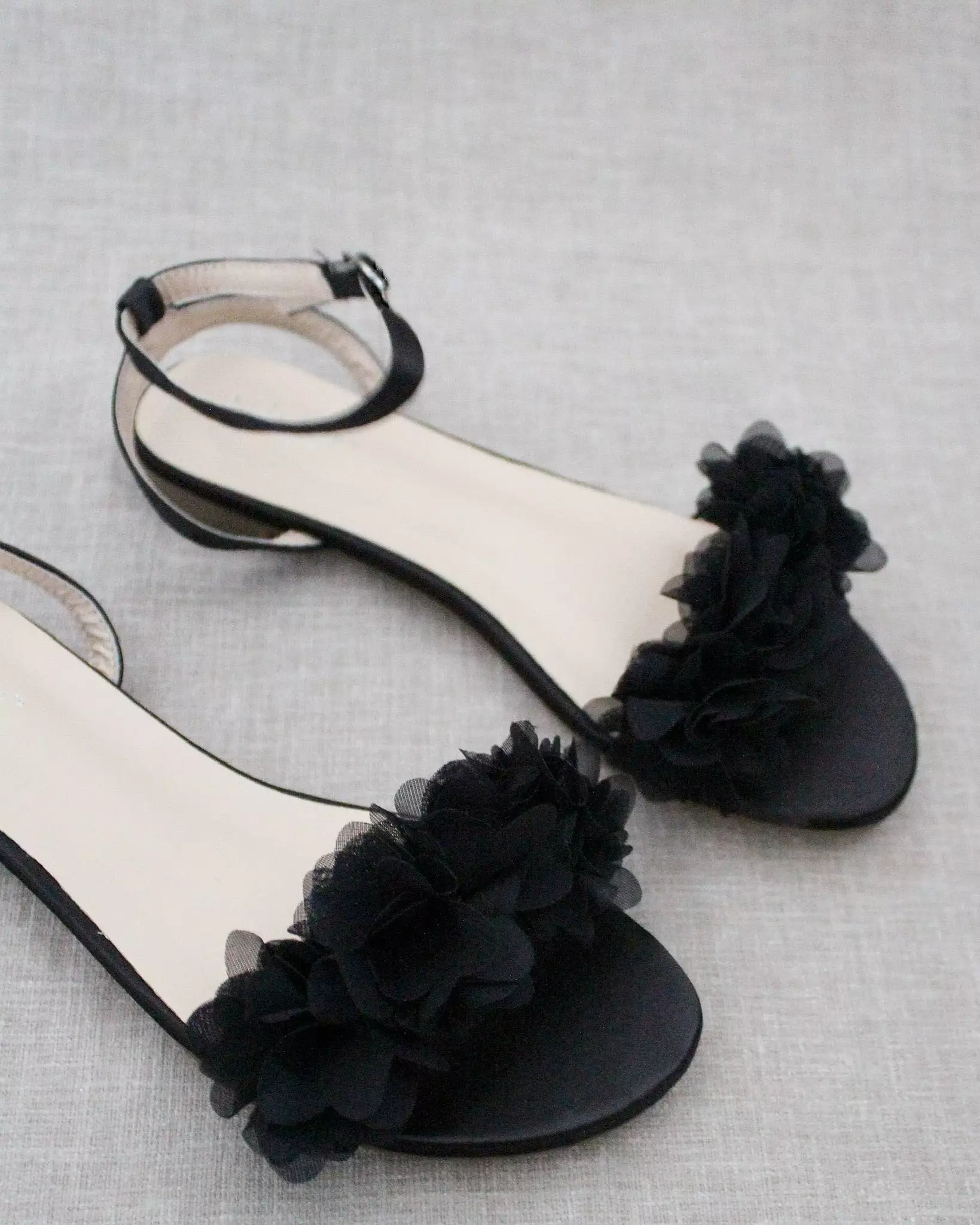 Result: Black Flat Sandal with Chiffon Flowers and Ankle Strap