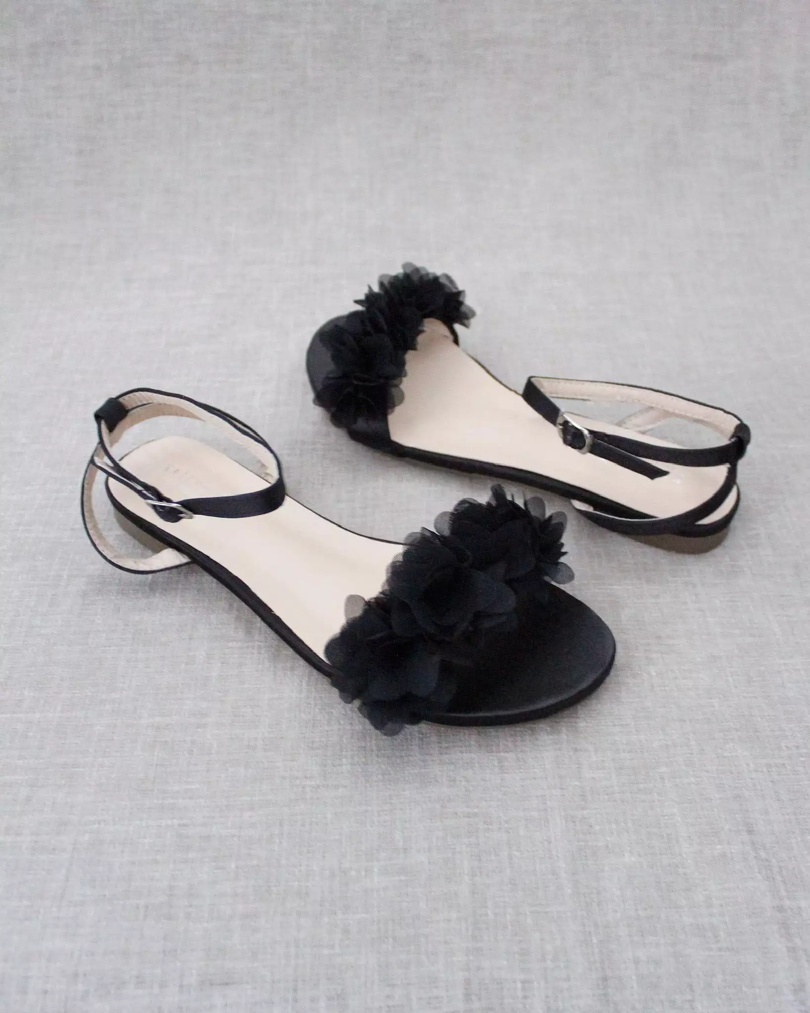 Result: Black Flat Sandal with Chiffon Flowers and Ankle Strap