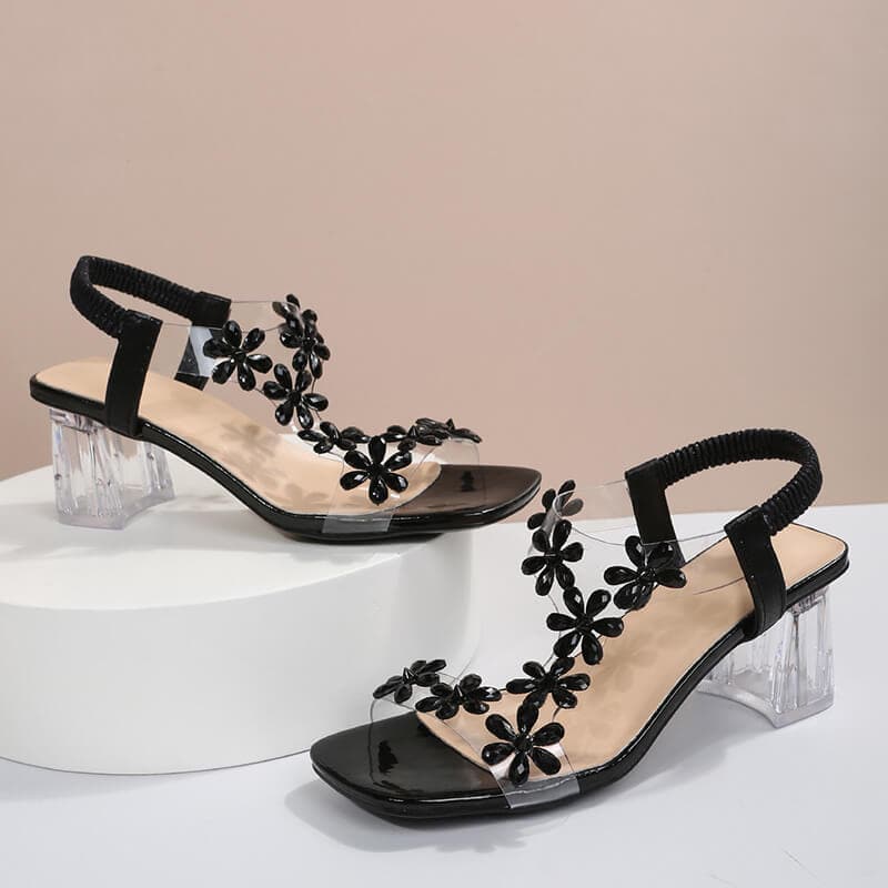 Rhinestone Open Toe Chunky Heel Sandals - Rhinestone Sandals