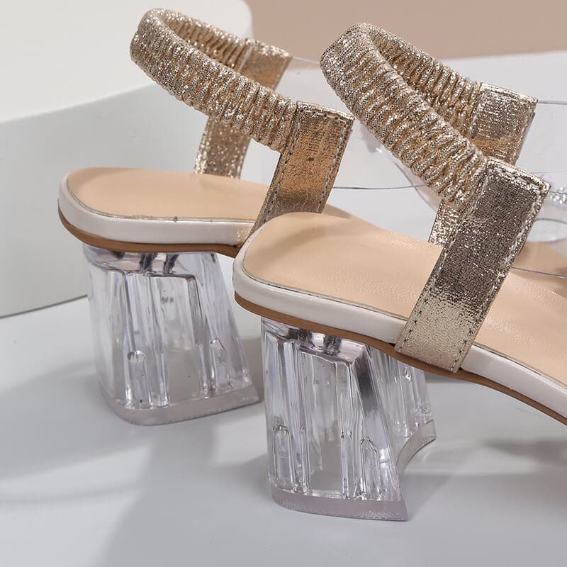 Rhinestone Open Toe Chunky Heel Sandals - Rhinestone Sandals