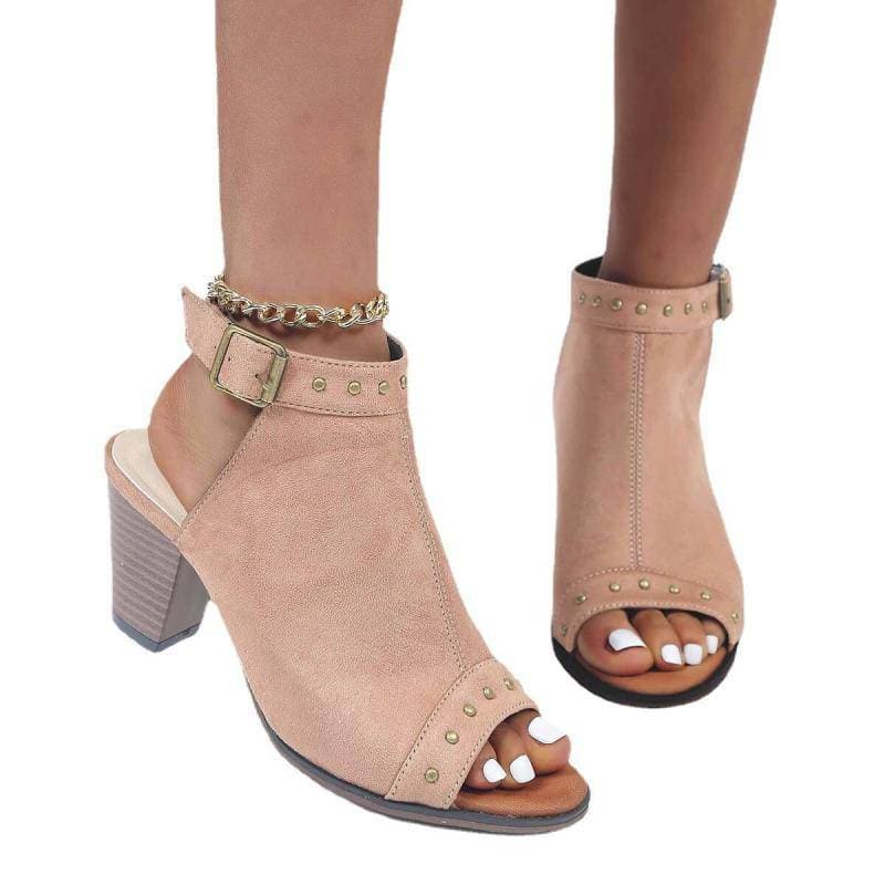 Rivet peep toe sandals with adjustable buckle and chunky heel.