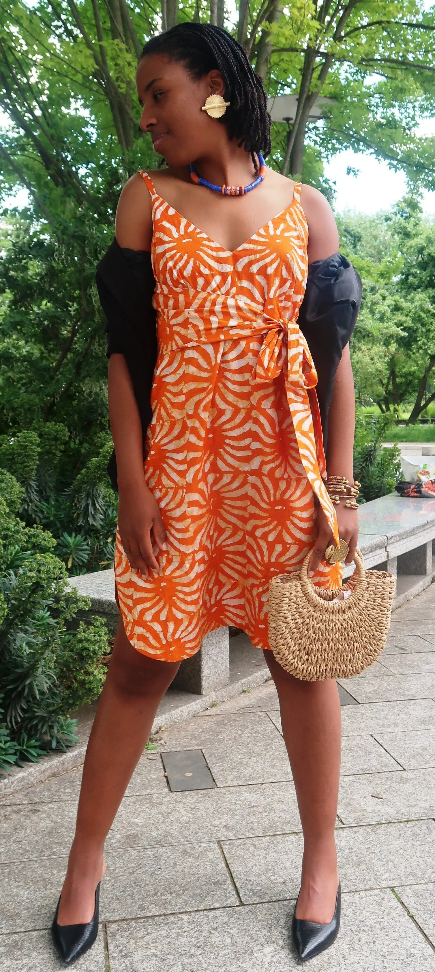 African Batik Dress - Short Feminine Orange Dress