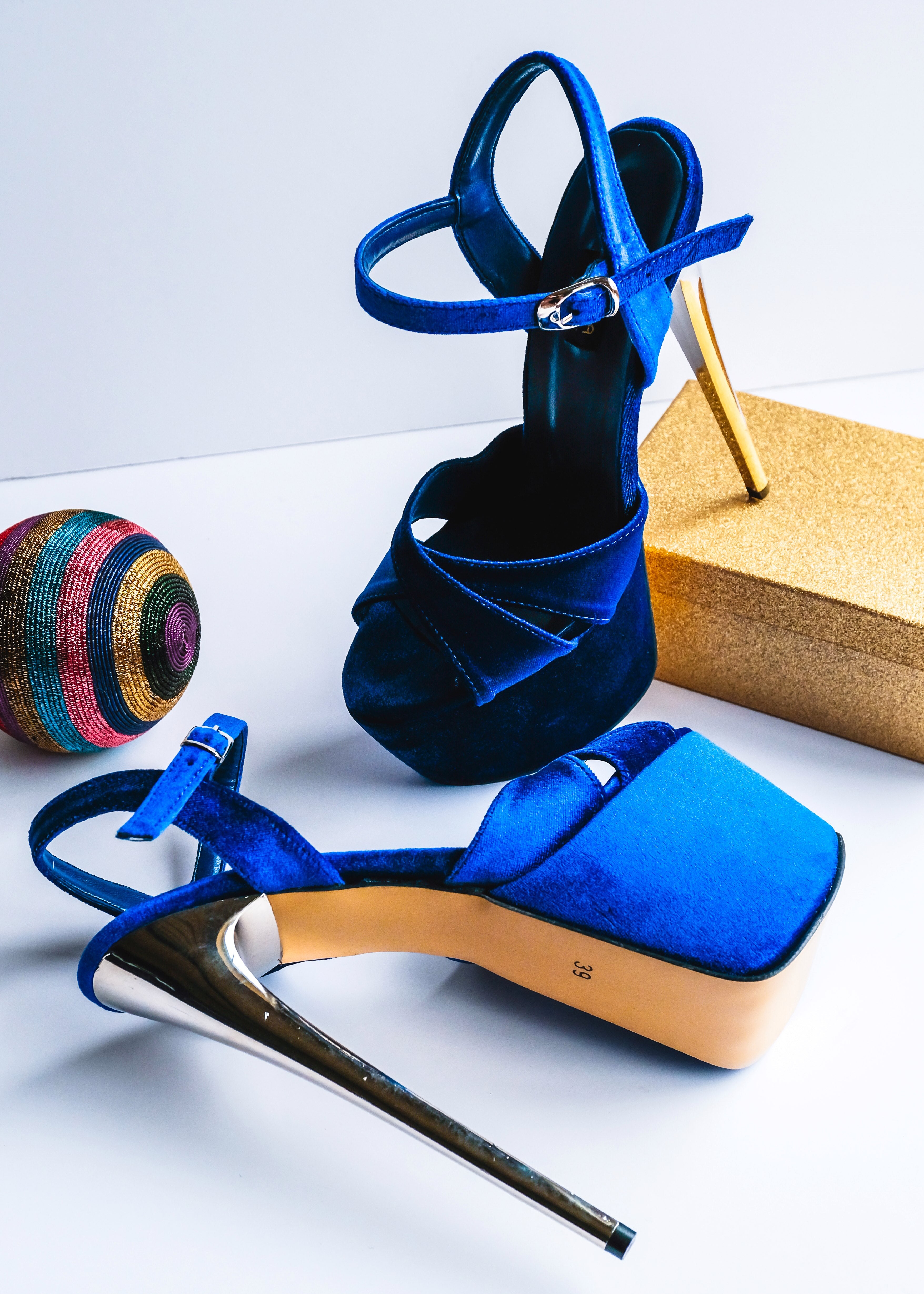 Royal blue velvet high heel sandals