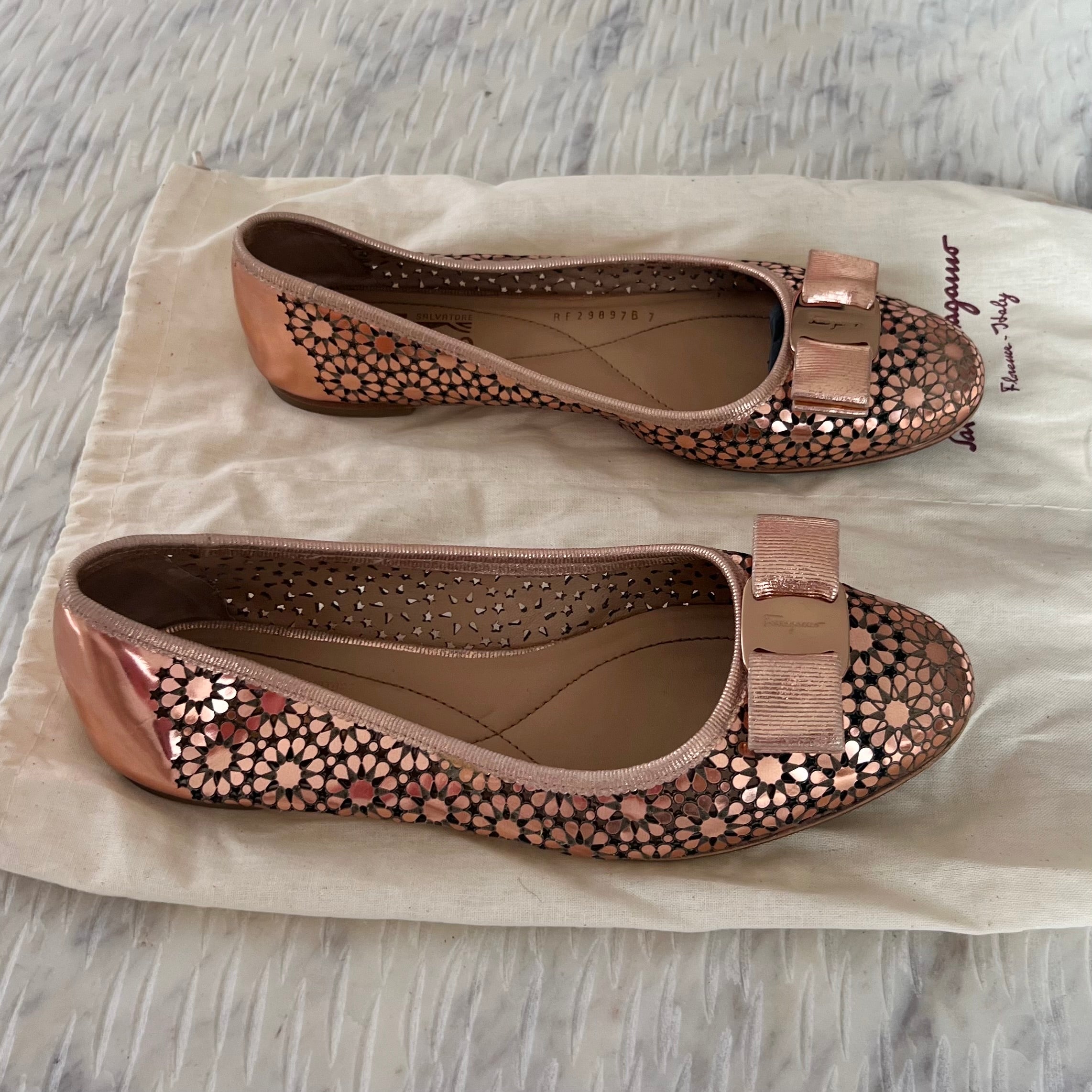 Salvatore Ferragamo Rose Gold Leather Flats