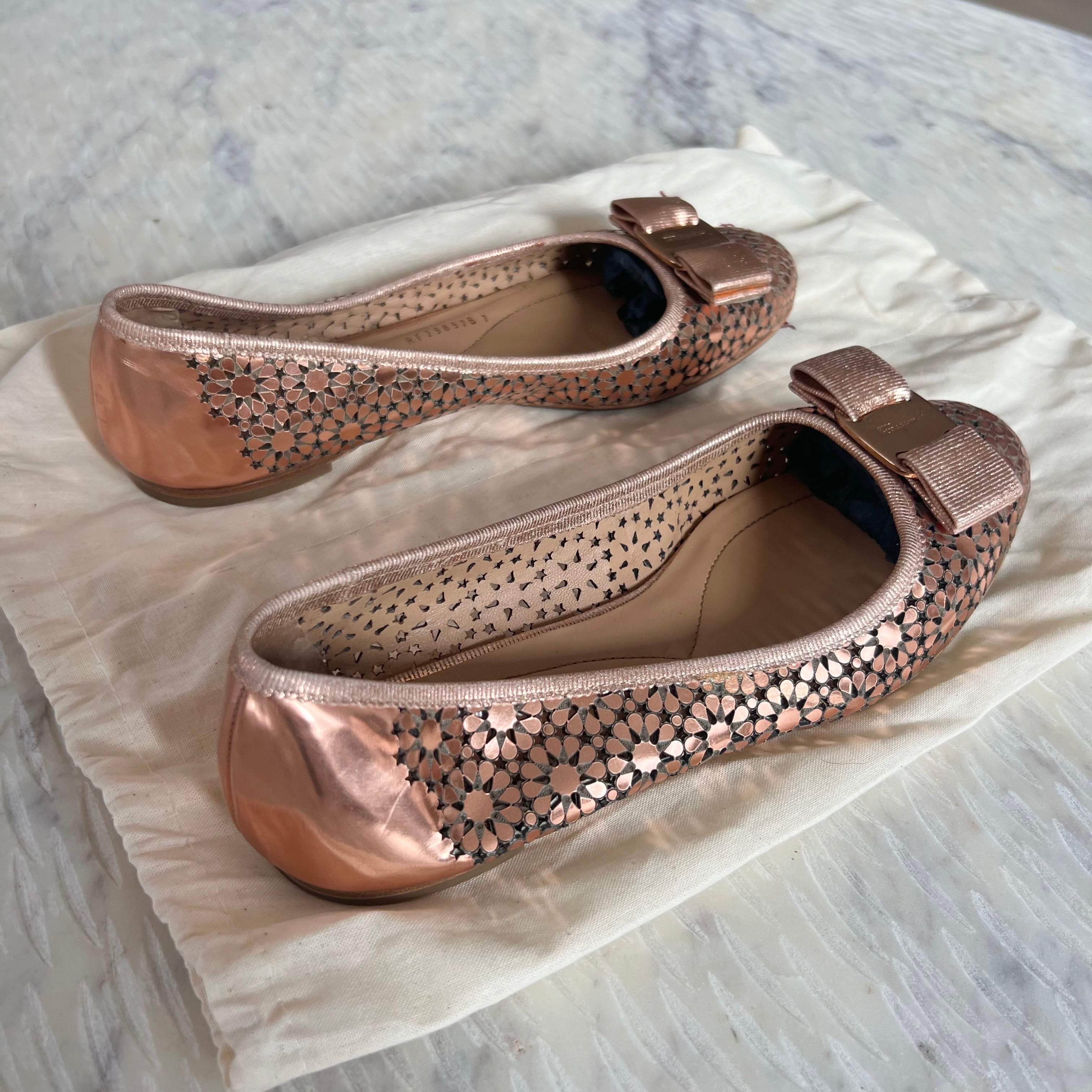 Salvatore Ferragamo Rose Gold Leather Flats