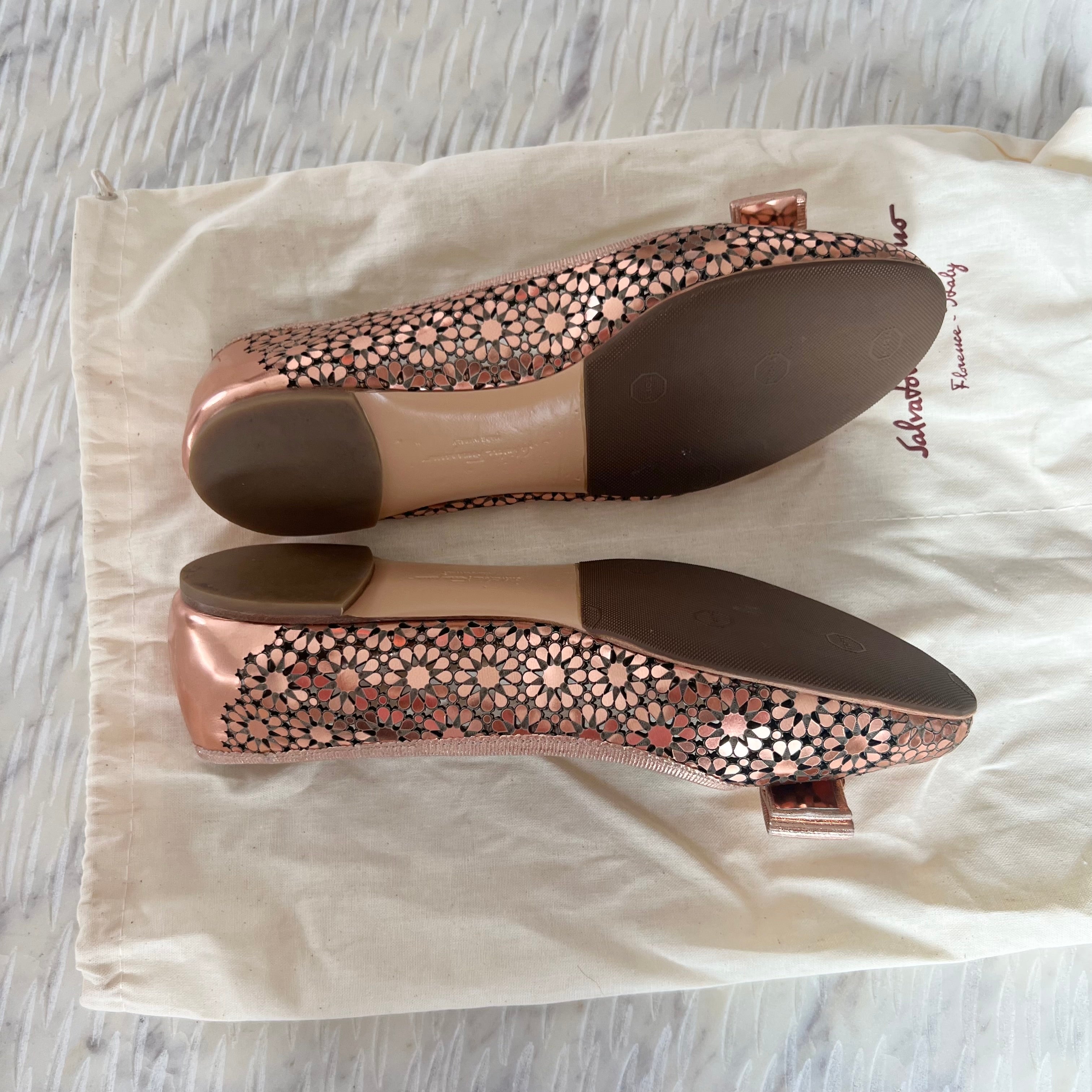 Salvatore Ferragamo Rose Gold Leather Flats