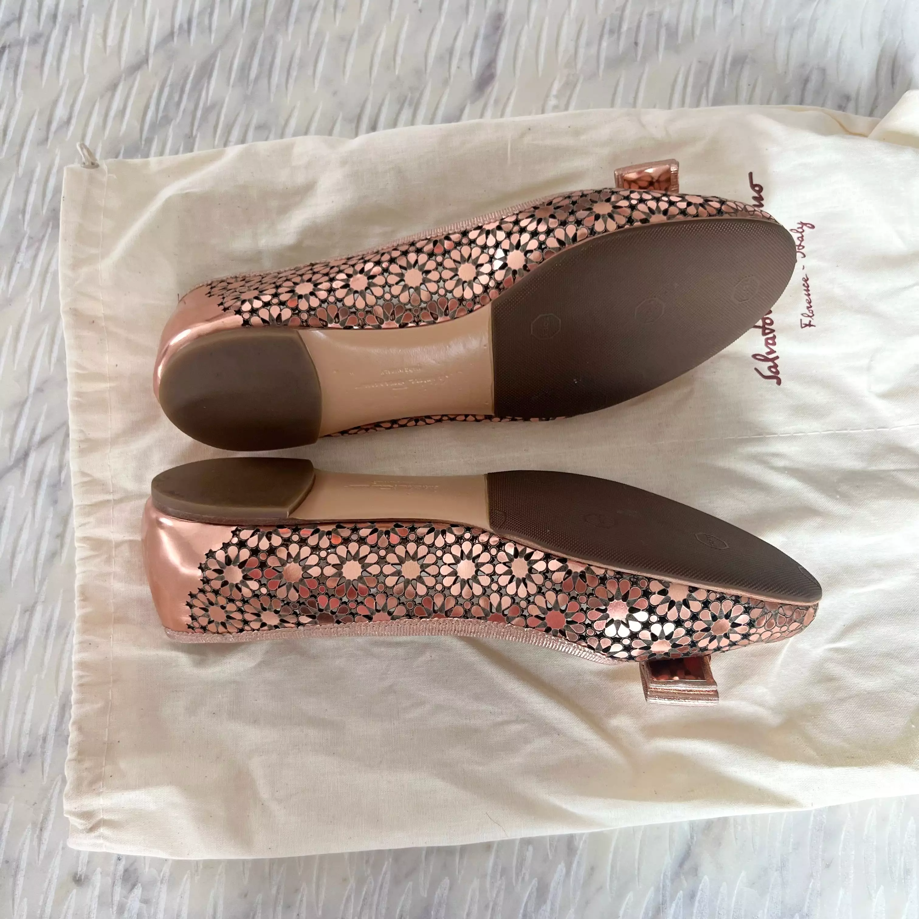 Salvatore Ferragamo Rose Gold Shelley Leather Flats