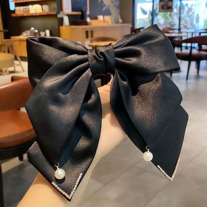 Satin Bow Hair Clip with Pearled Accents