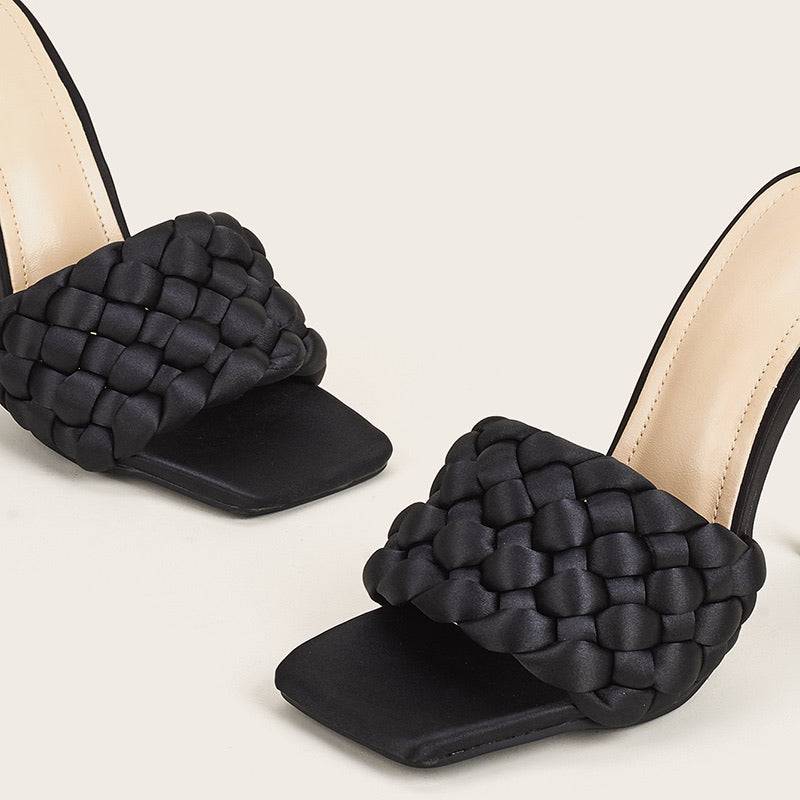 Satin Square Toe Sandals with Braided High Heels.