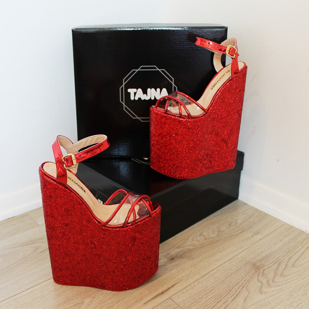 Shiny Red High Heel Wedge Sandals - 25 cm Platform