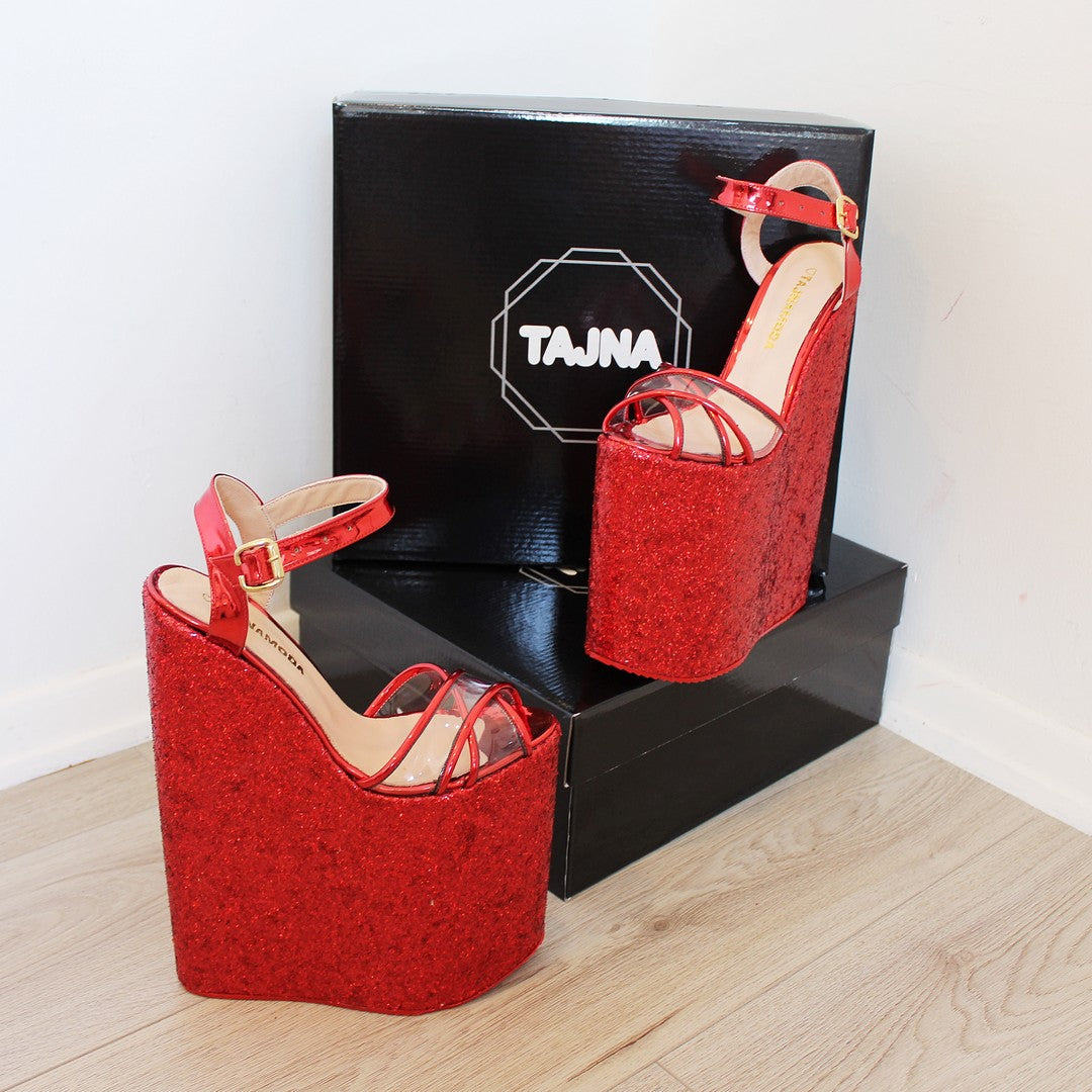 Shiny Red High Heel Wedge Sandals - 25 cm Platform