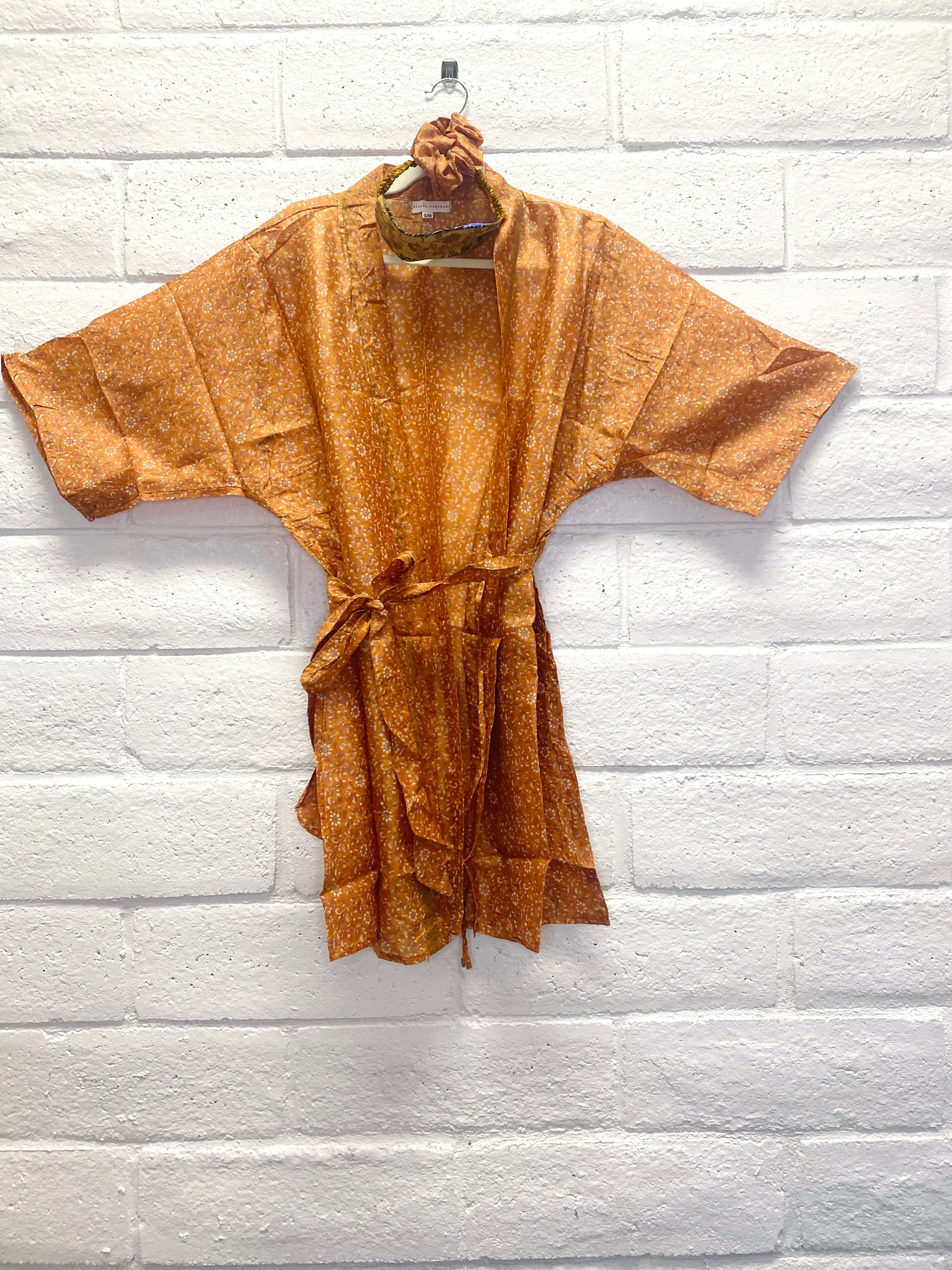 Silk Boho Robe S/M with Tiny Orange Blossoms