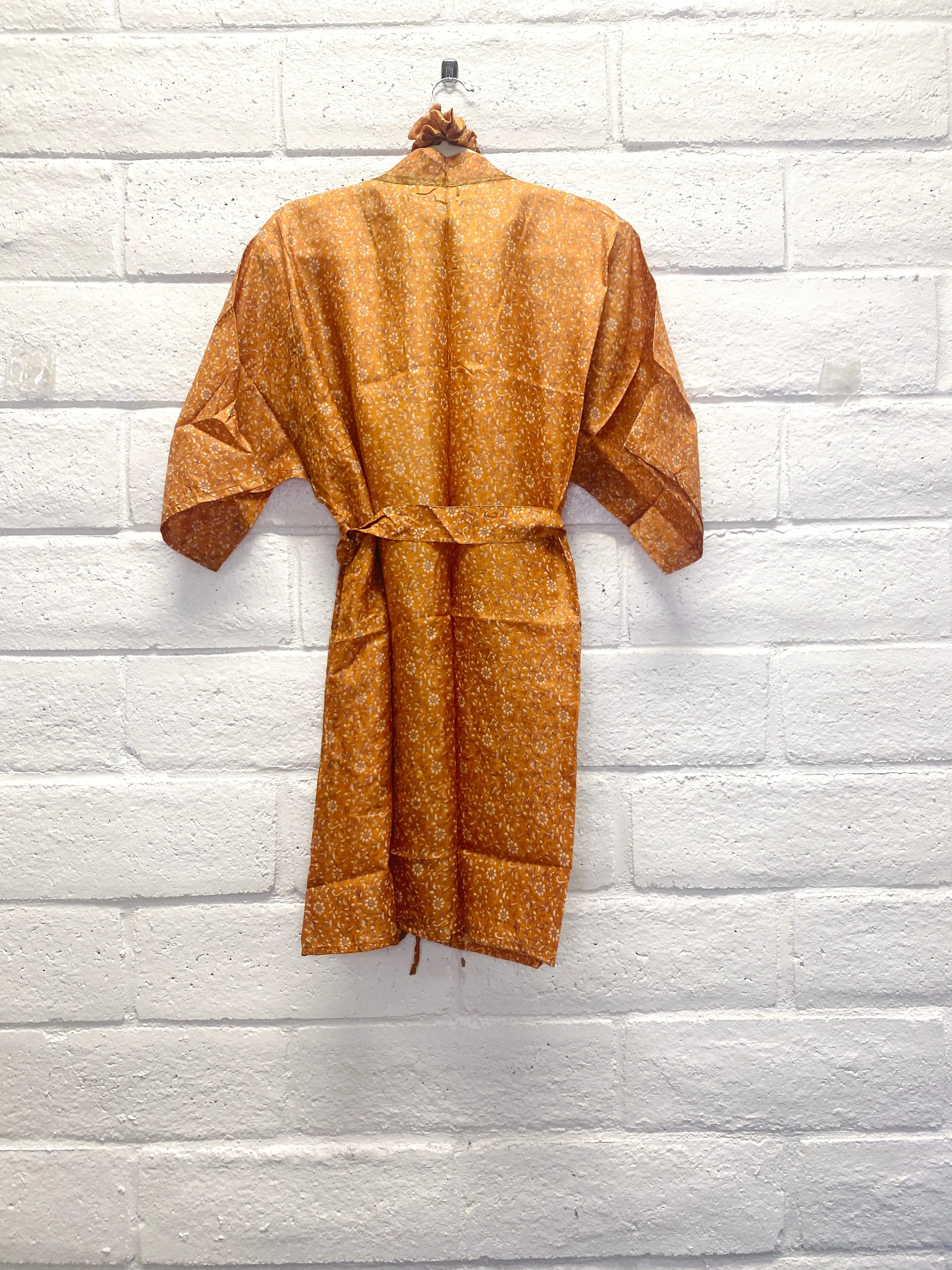 Silk Boho Robe S/M with Tiny Orange Blossoms