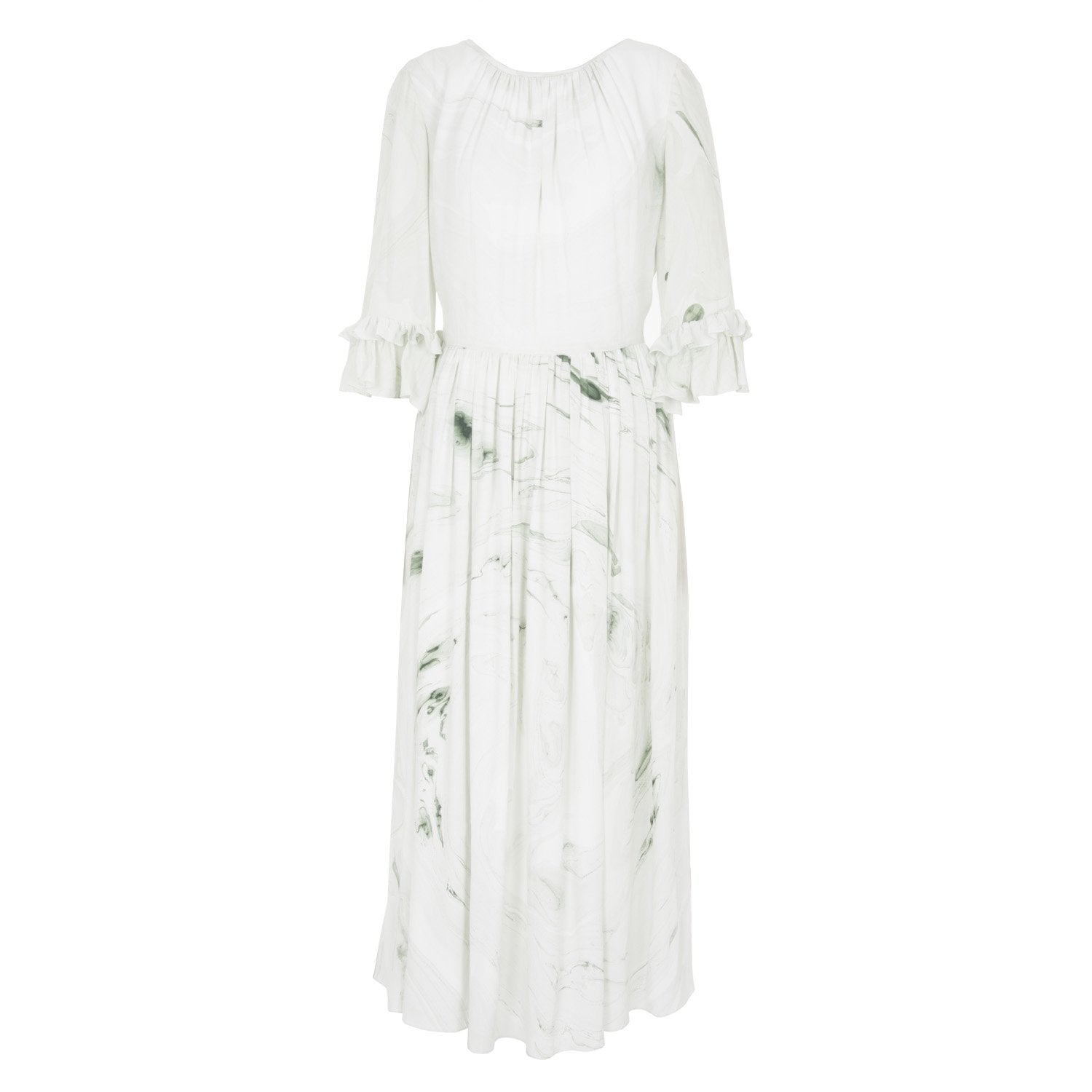 Silk Gather Dress - White & Green, Hand Marbled