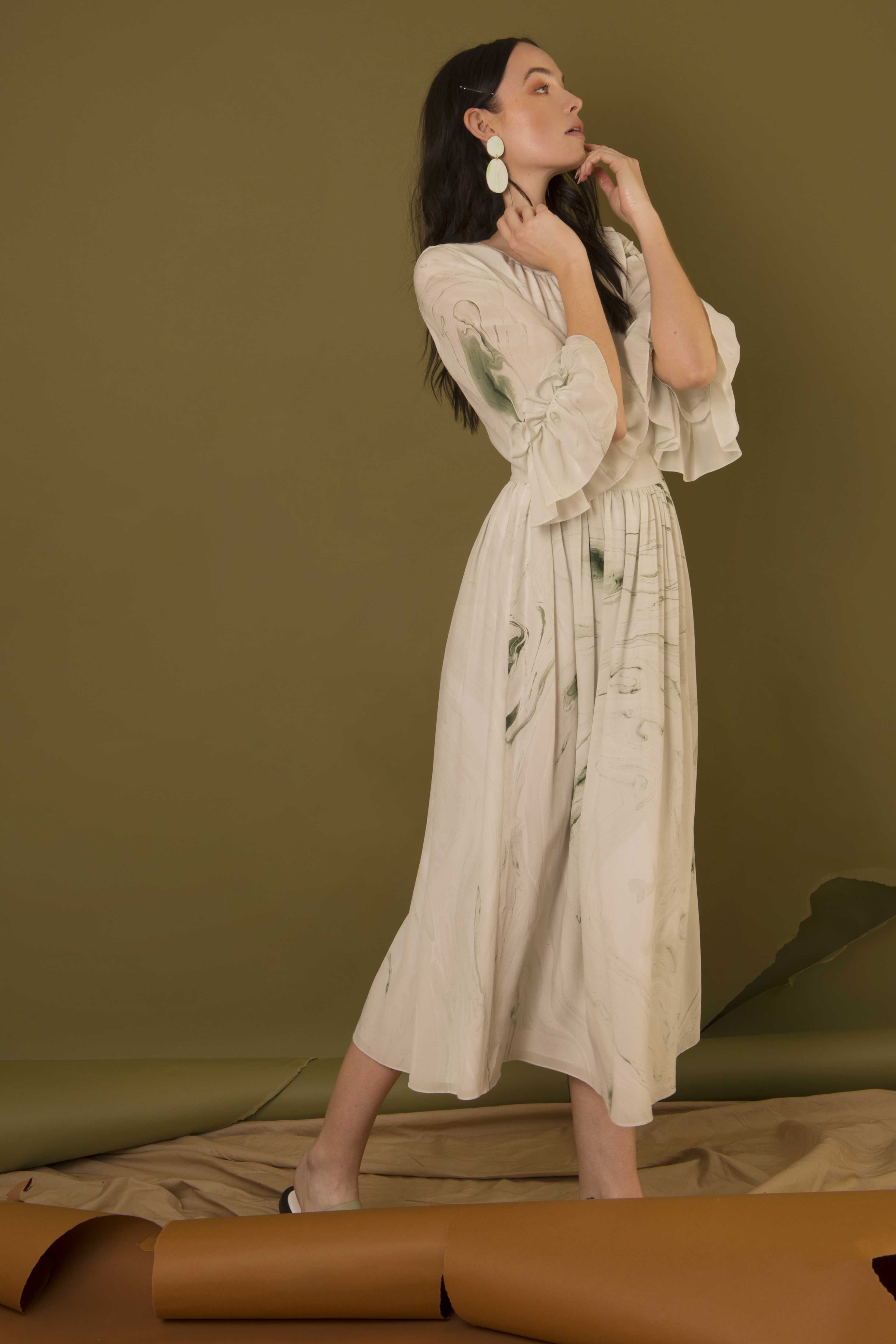 Silk Gather Dress - White & Green, Hand Marbled