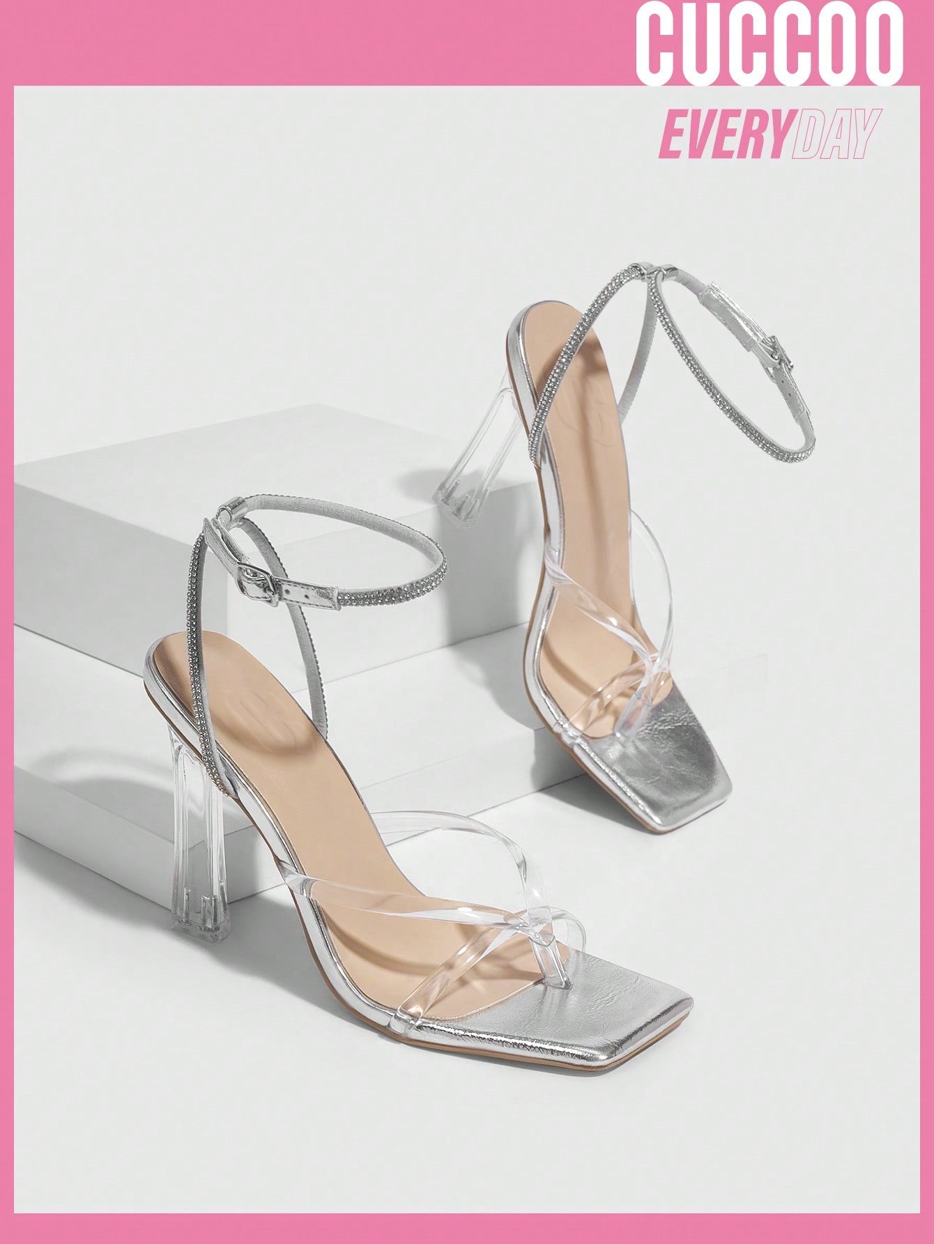 Silver Fashionable Transparent Strap High Heel Sandals for Women, Versatile Style for Spring and Summer