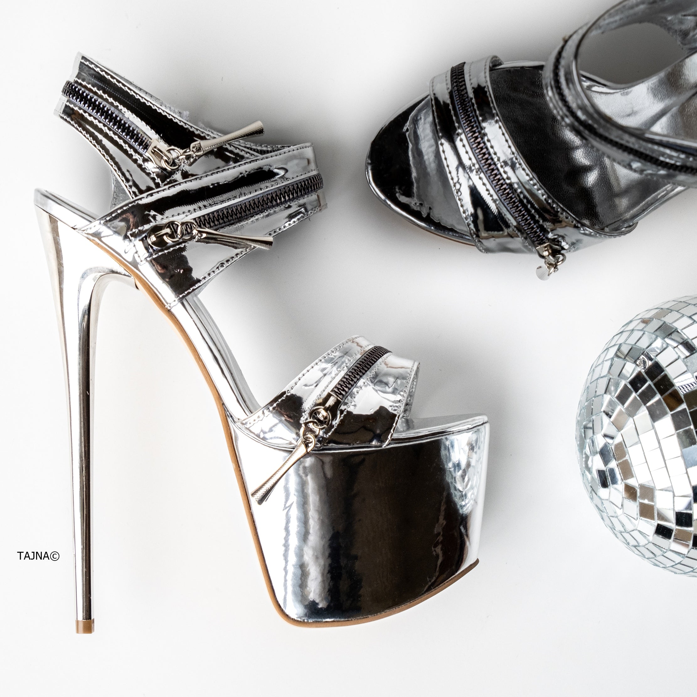 Silver High Heel Sandals with Zipper Detail