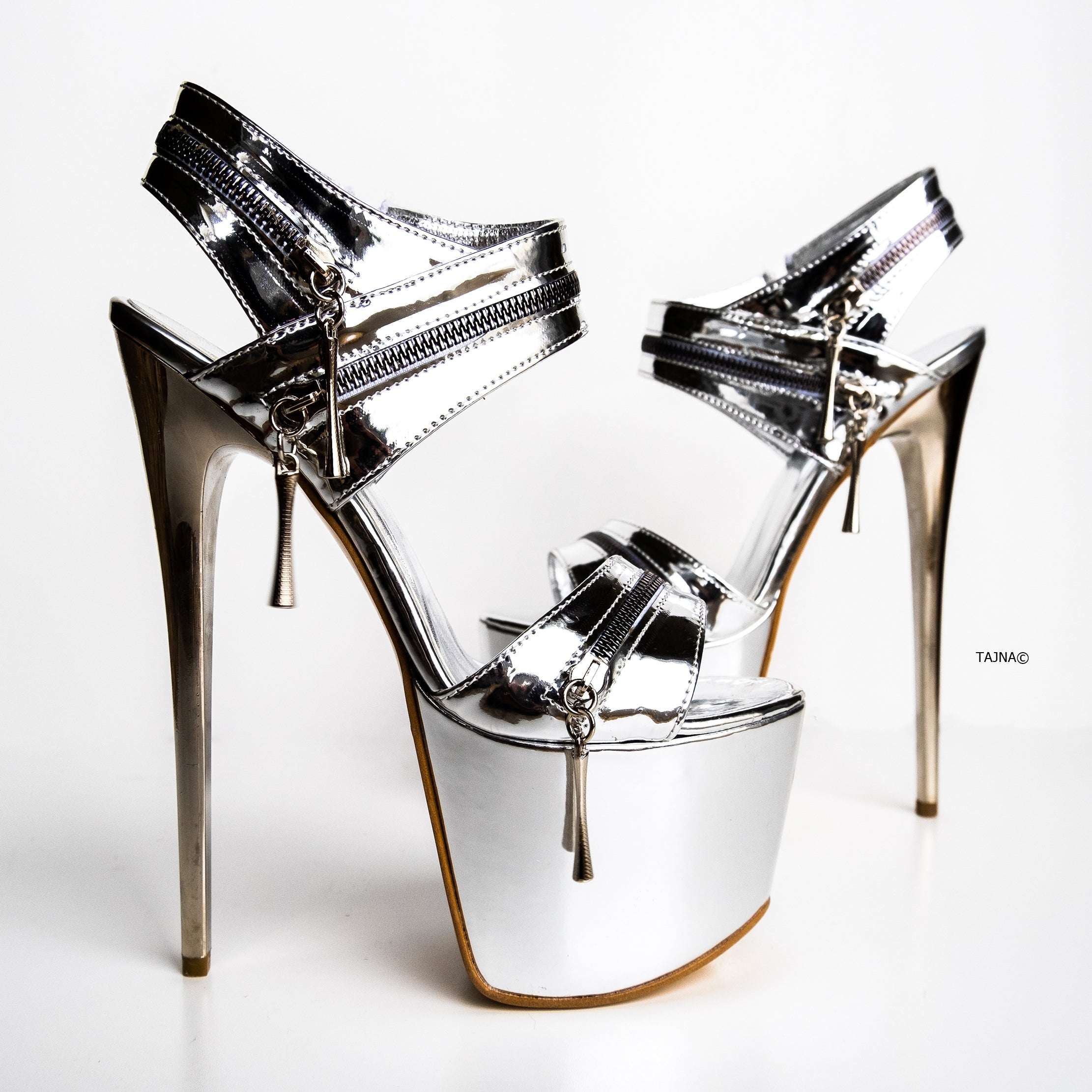 Silver High Heel Sandals with Zipper Detail