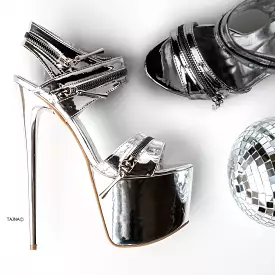 Silver High Heel Sandals with Zipper Detail