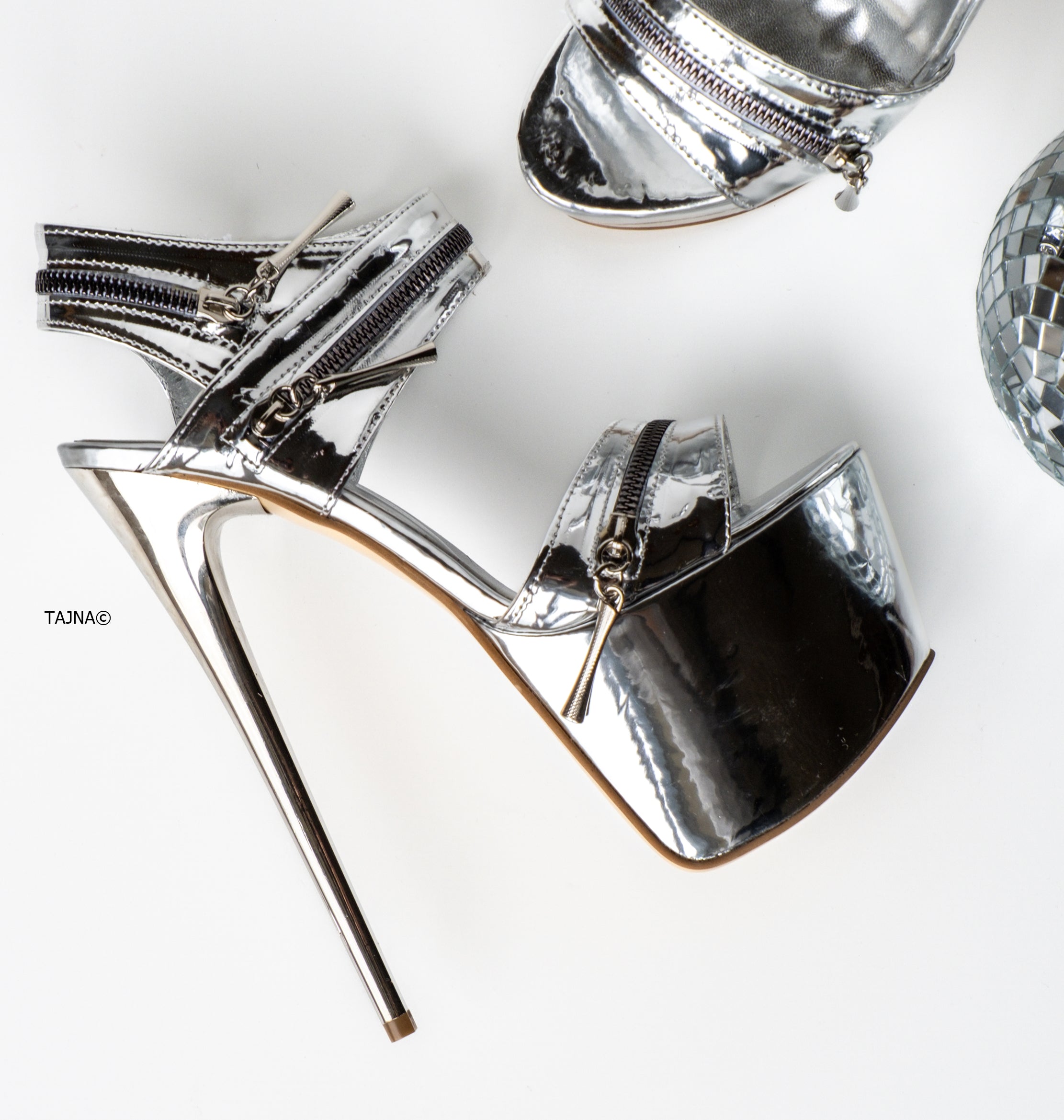 Silver High Heel Sandals with Zipper Detail