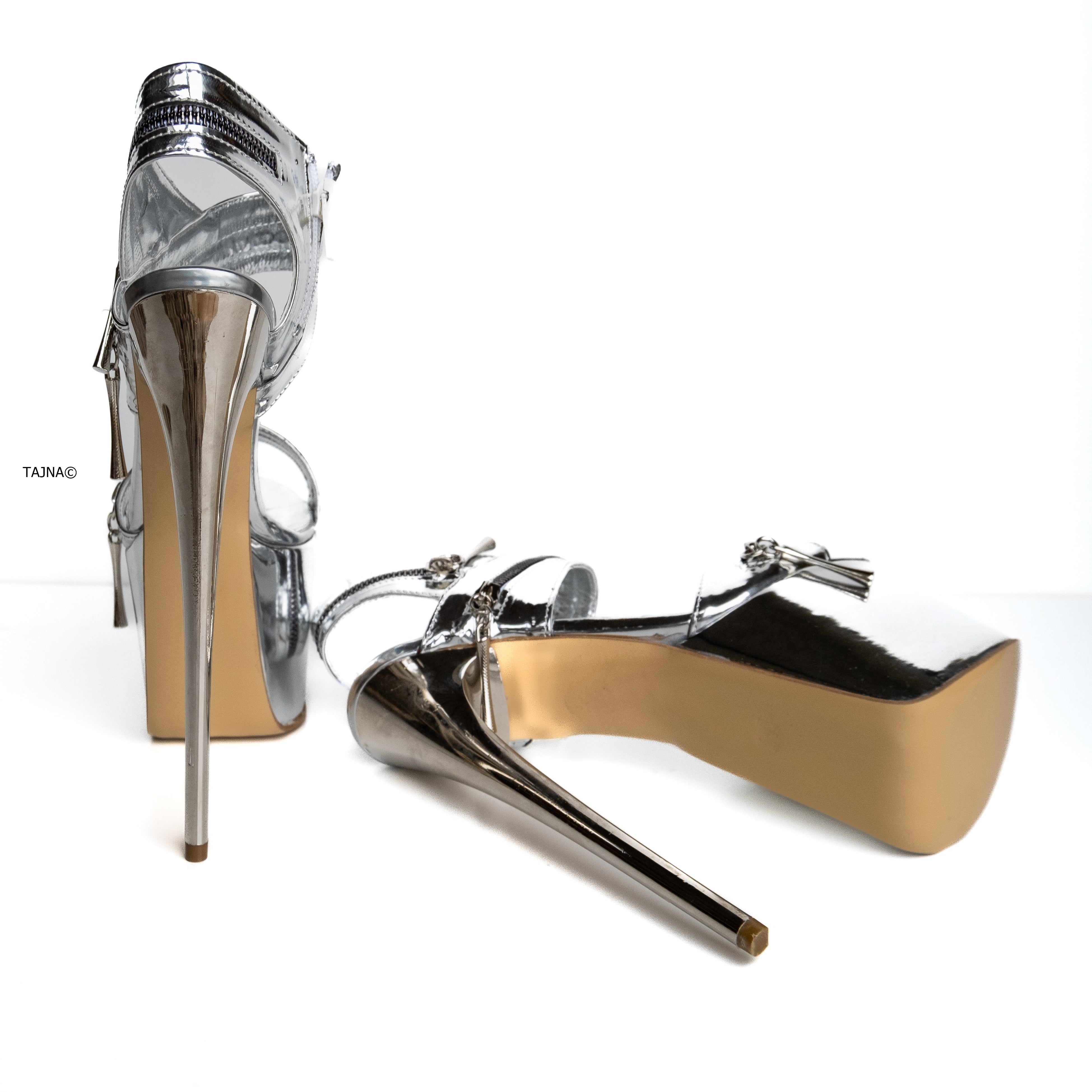 Silver High Heel Sandals with Zipper Detail